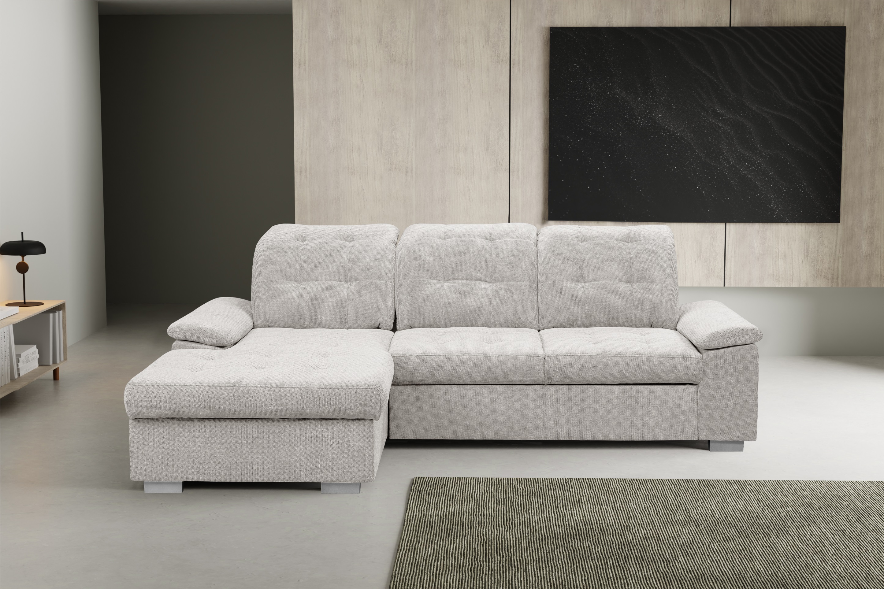 WERK2 Ecksofa "Carmen 264 cm breit L-Form Sofa Schlaffunktion Kopfstützen verstellbar" Schlafcouch mit Bettkasten, Eckcouch wahlw. mit Sitztiefenverstellung