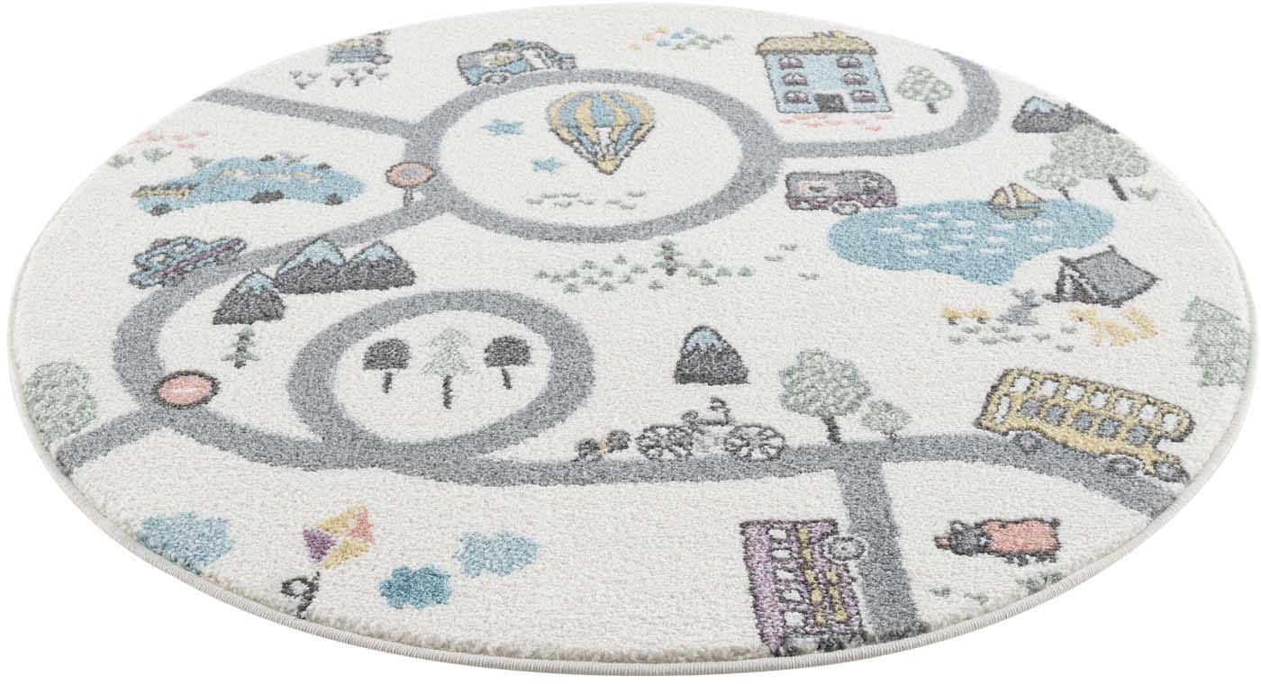 Carpet City Kinderteppich "Anime9376", rund, 11 mm Höhe, Straßen-Spiel-Teppich, Auto, Weicher Flor, Pflegeleicht, Kinder