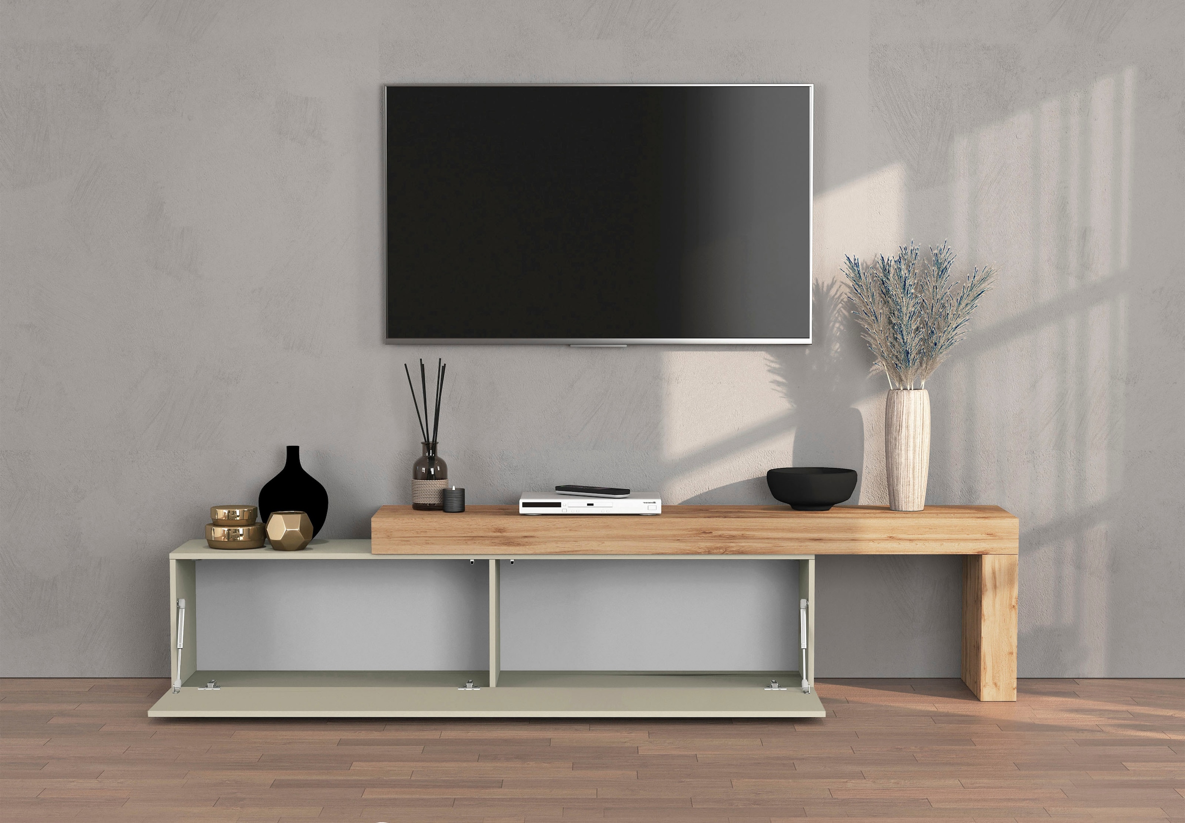 INOSIGN Lowboard »Chronos TV-Board, TV-Schrank«, (1 St., Breite verstellbar von 190 bis 350 cm), Breite 270 cm TV-Board,Lowboard,1 Klappe und ein L-Förmiger Aufsatz