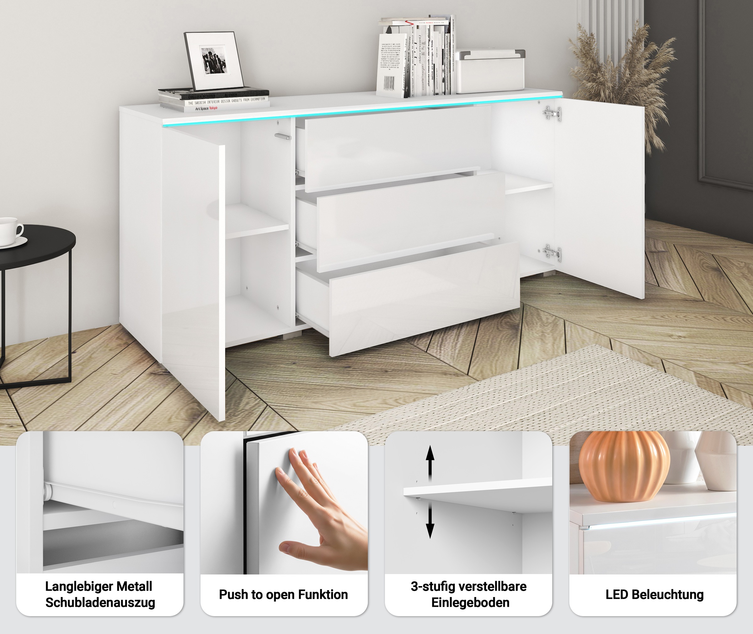 Thumbnail - INOSIGN Sideboard "VERA, grifflos" verstellbare Einlegeböden, Wahlweise mit oder ohne Beleuchtung