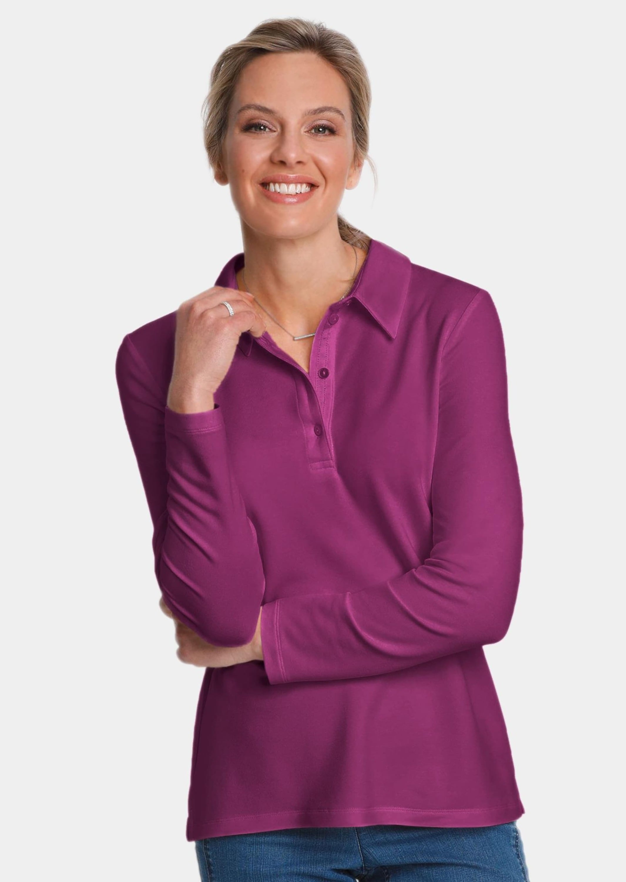 GOLDNER Poloshirt »Poloshirt Langarm Poloshirt mit Schmuckband an Knopfleiste«