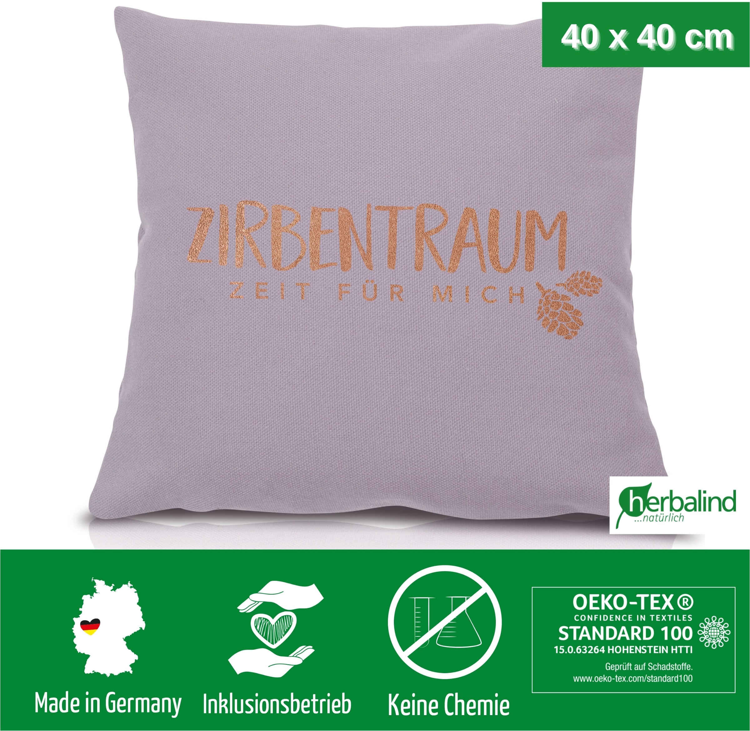 herbalind Zirbenkissen »Zirbentraum in Violett/Roségold 40x40 mit Reißverschluss - Gefüllt«, (1 tlg.), mit hochwertigen Zirbenholzflocken 100% Baumwolle - Made in Germany