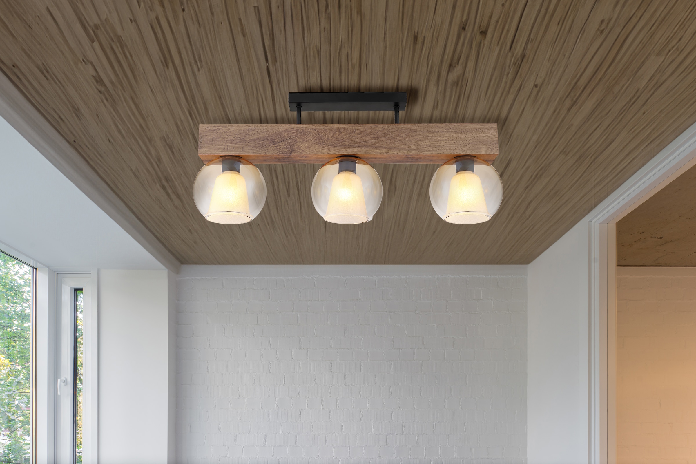 GLOBO LIGHTING Deckenleuchte »BARRY I«, Leuchtmittel E27 | ohne Leuchtmittel, Deckenlampe/holzoptik/Glas amber/Glaskristalle/Innenglas