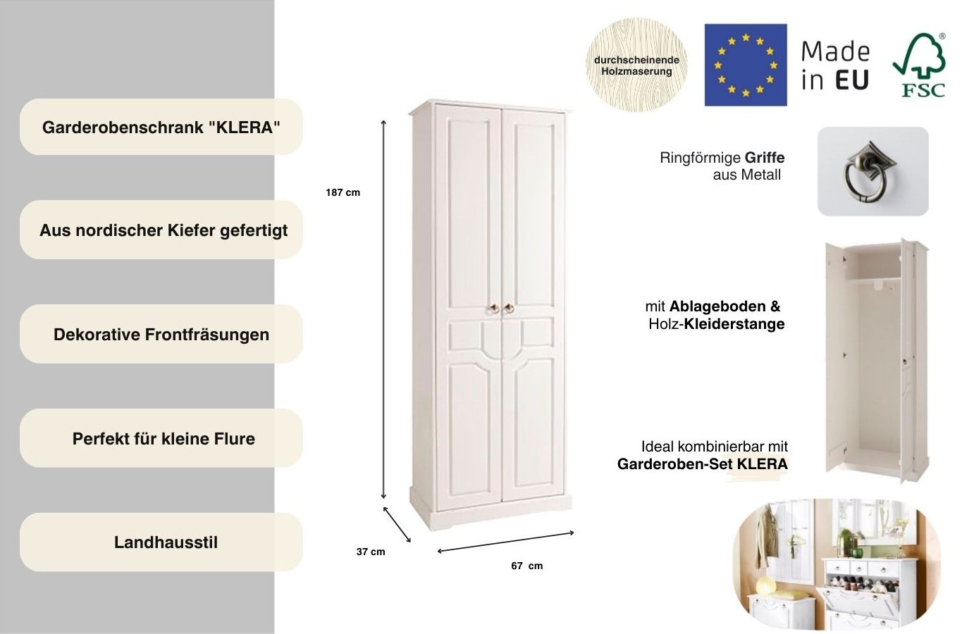 Thumbnail - Home affaire Garderobenschrank "Klera" Breite 67 cm, aus massiver Kiefer, FSC-zertifiziert