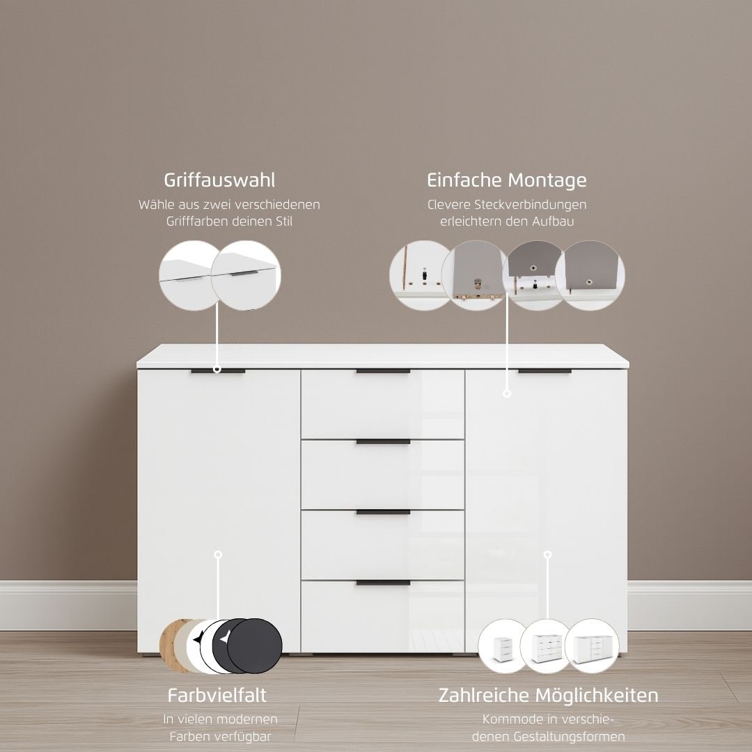 rauch Kombikommode »Sideboard Kombikommode Schubladenkommode AGORDO mit Glasfront«, (in zwei Griff-Farben, Breite 120 cm inkl. Soft-Close-Funktion), vier große Schubladen, mit insgesamt 4 Einlegeböden MADE IN GERMANY