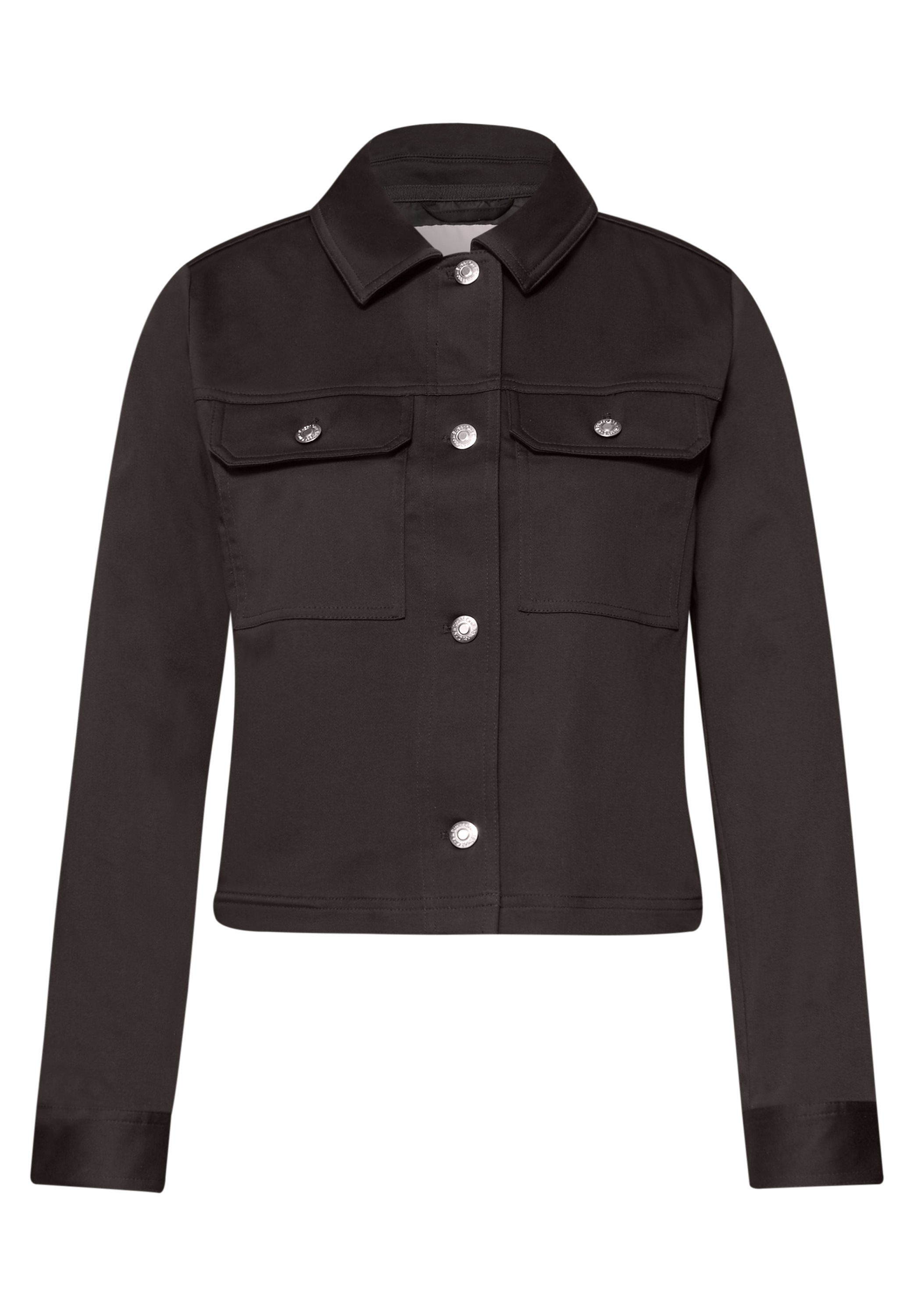 Kurzjacke STREET ONE, Damen, Gr. 44, espresso braun, Web, 70% Baumwolle, 27% Viskose, 3% Elasthan, unifarben, normal normal, V-Ausschnitt, Bündchen, Jacken Kurzjacke, mit Brusttaschen und Knopfleiste 6