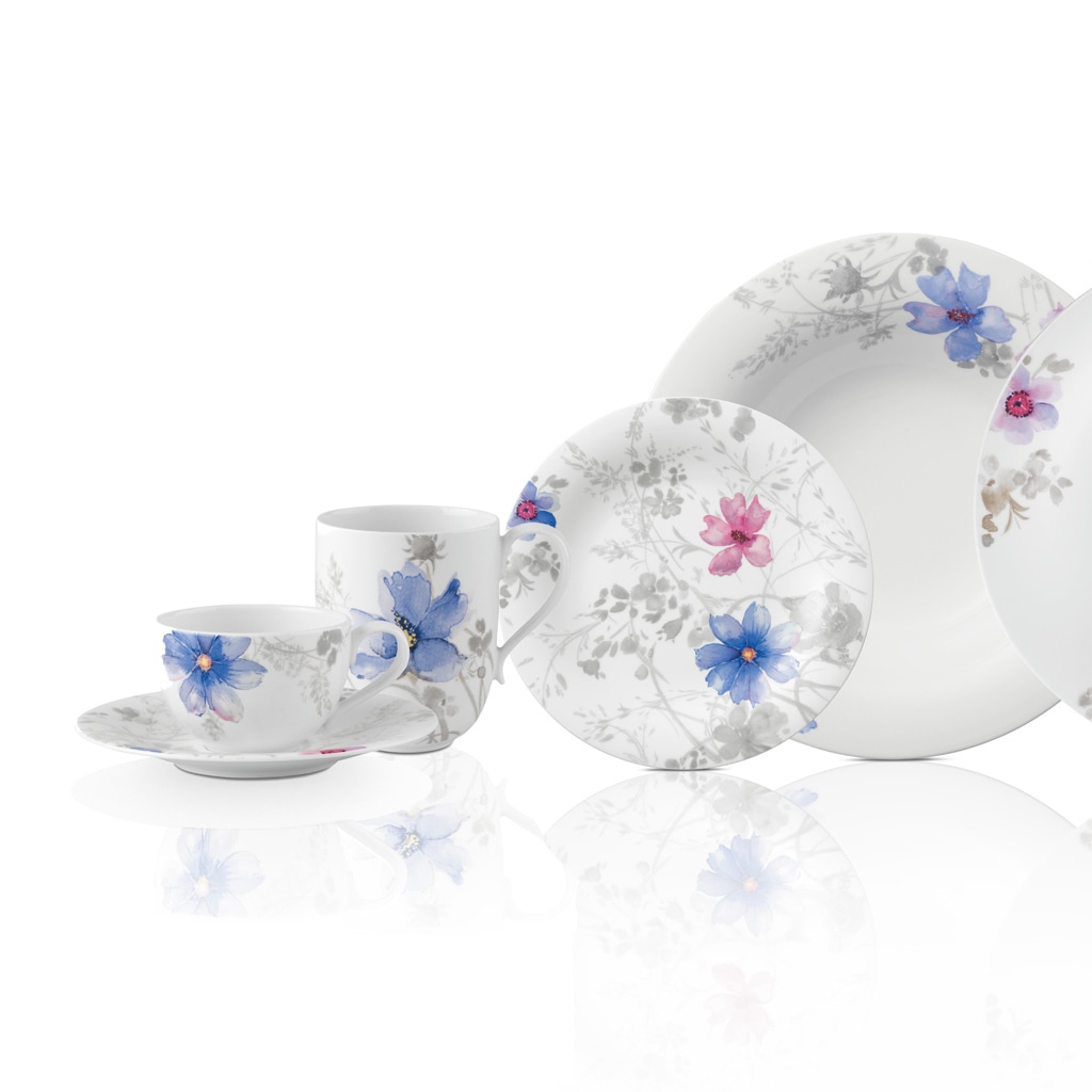 Villeroy & Boch Geschirr-Set »Kaffeeservice Mariefleur Gris Basic 18er Set bunt« Spülmaschinengeeignet, Mikrowellenfest