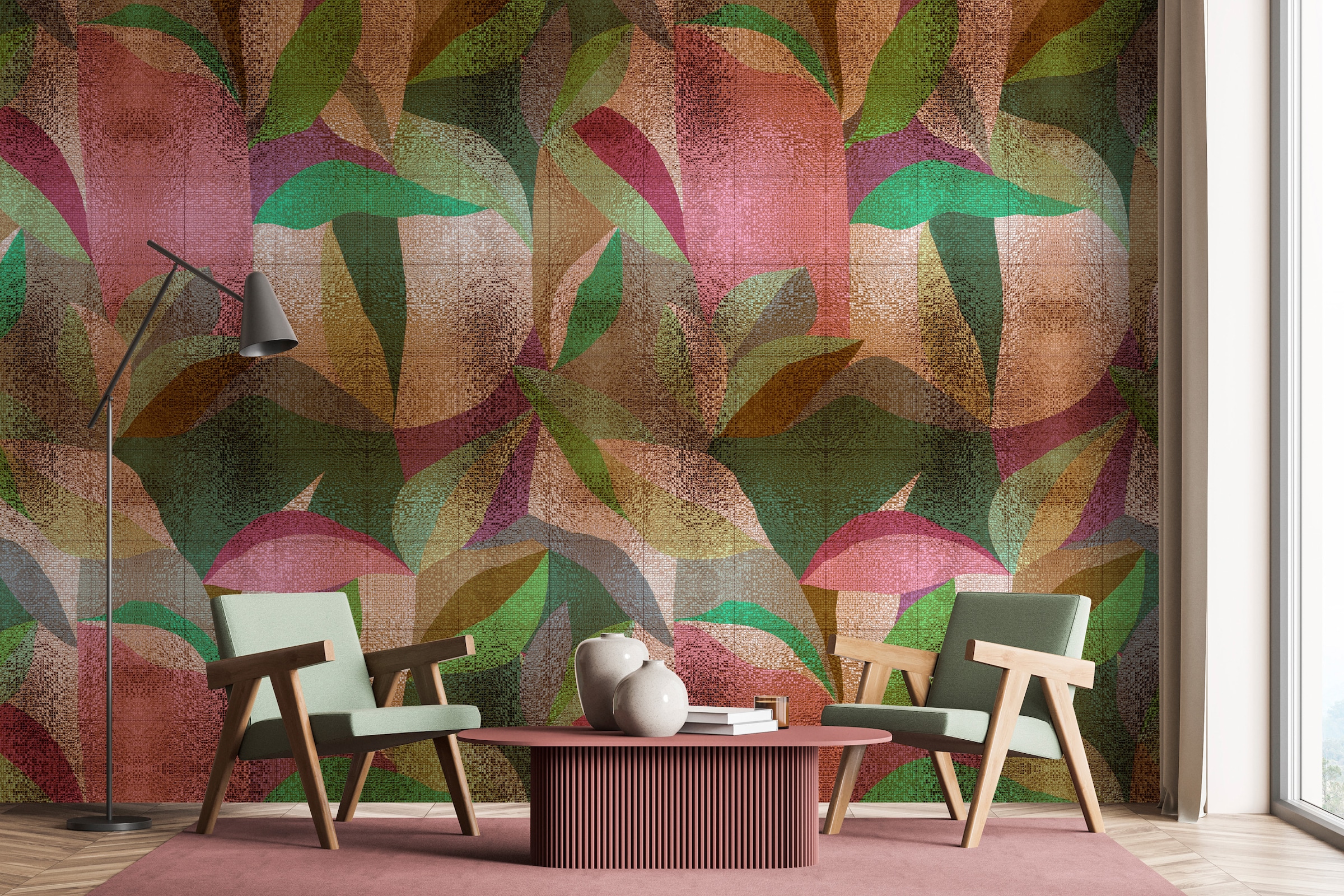 living walls Vliestapete "Abstrakte Blätter-Tapete Braun Grün Pink" matt glatt