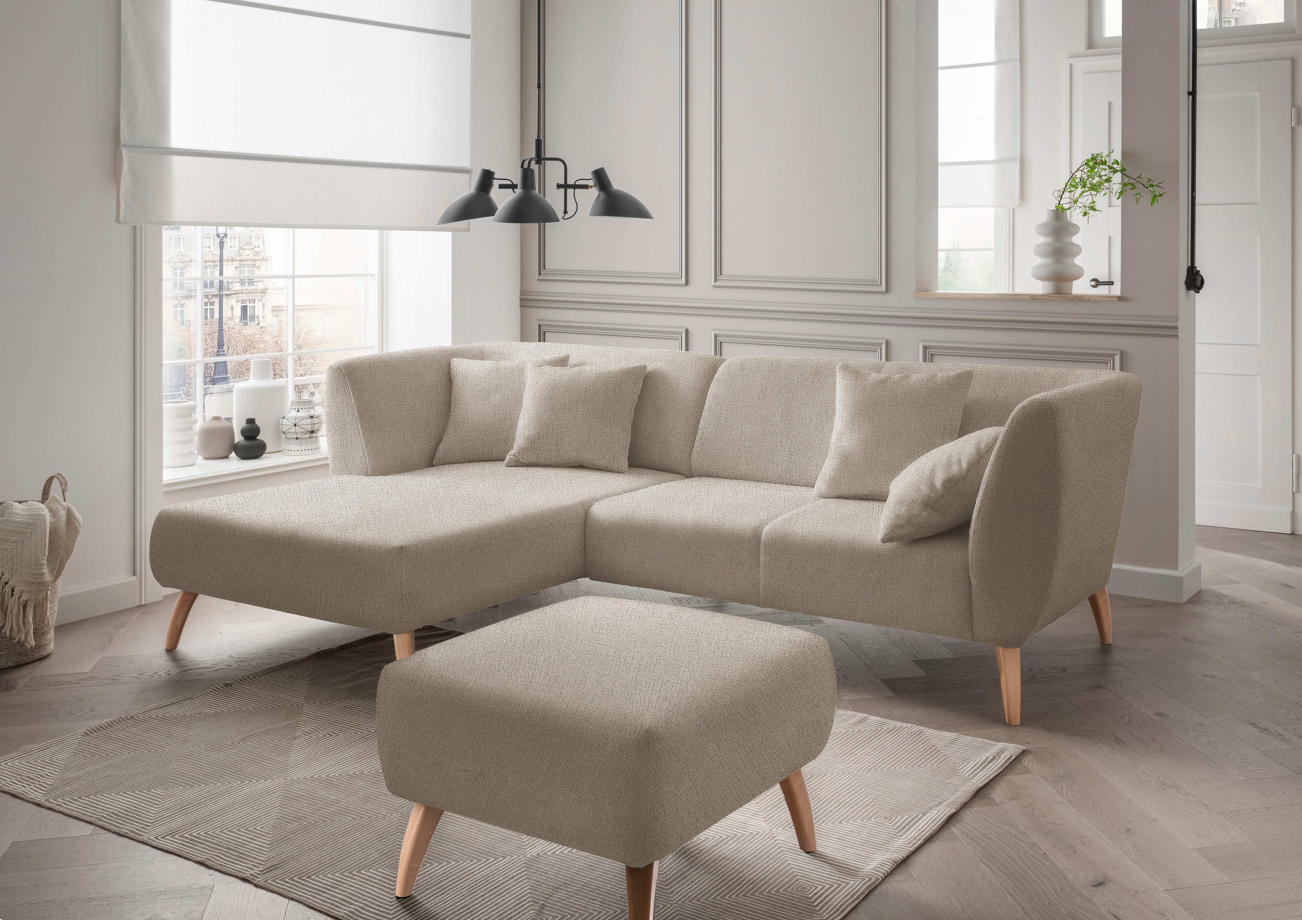 Home affaire Ecksofa "Lazio modern und bequem, schmale Armlehnen, tolle Detailverarbeitung" Holzfußfarbe wählbar, inkl. 4x Zierkissen