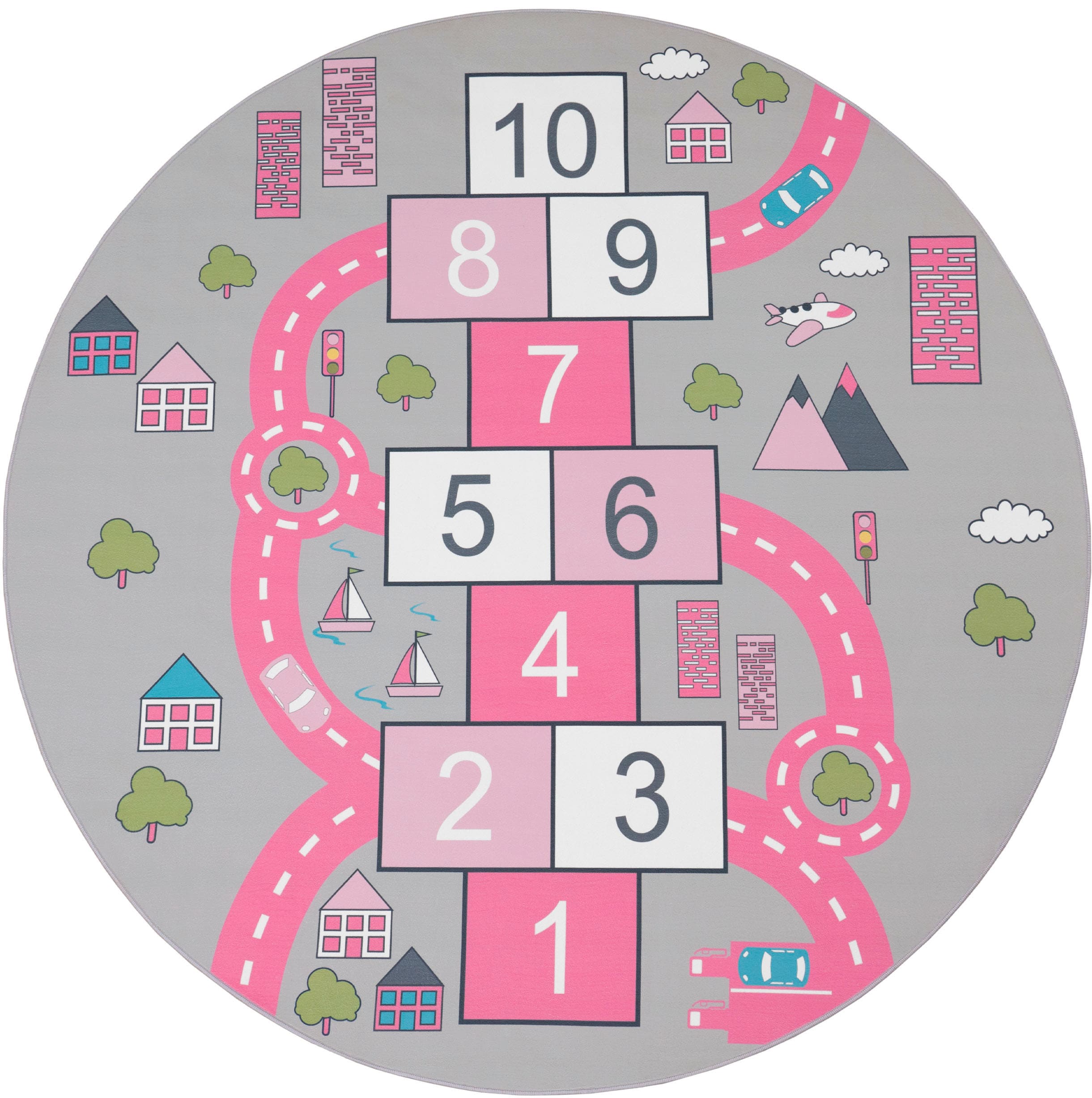 Paco Home 1100000002199 "Bino 569" rund 4 mm Höhe Kurzflor, Straßen-Spiel-Teppich & Spielmotiv Hüpfkästchen