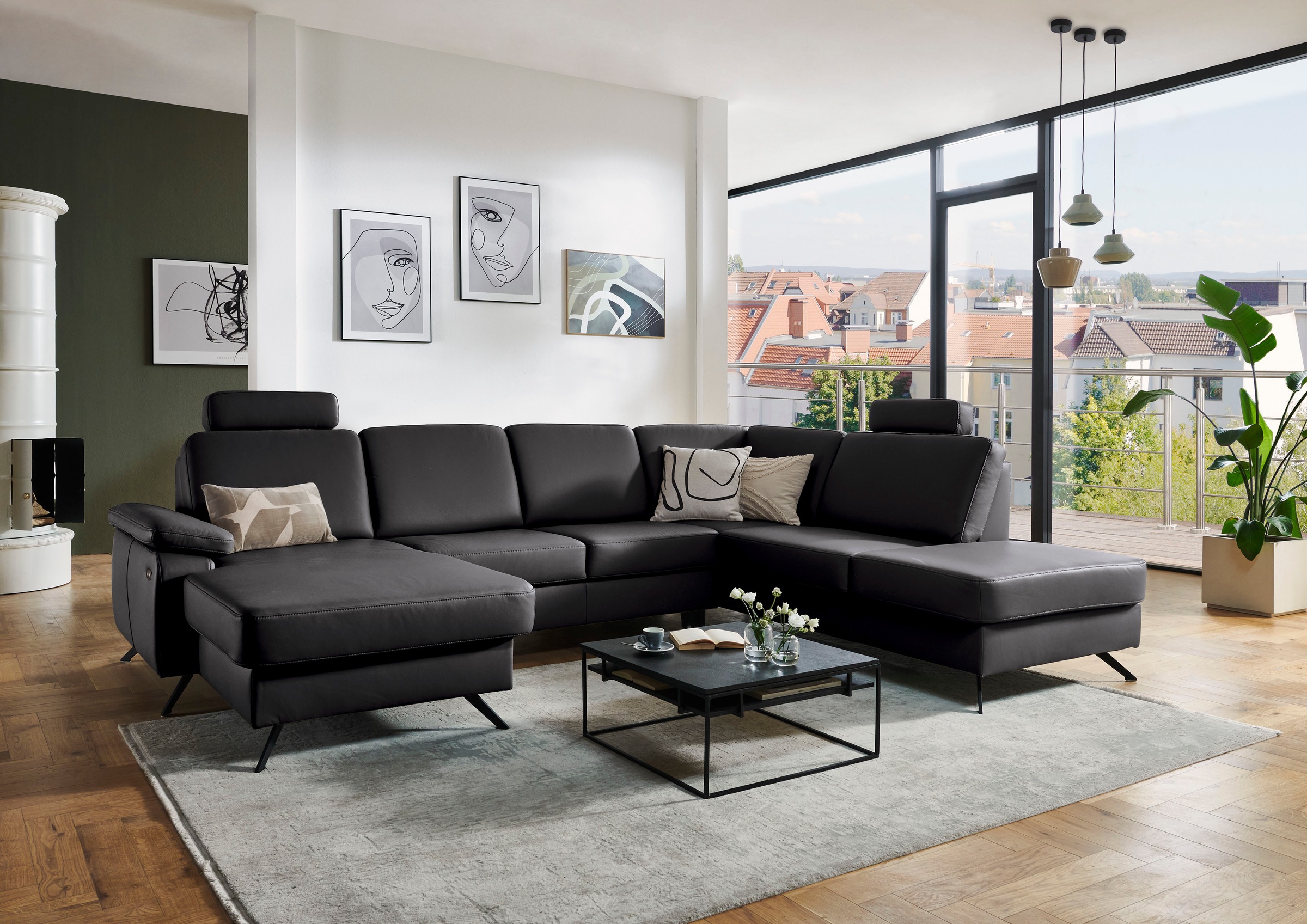 Wohnlandschaft DIE PLANBAR "PN-EM15047 U-Form, mit Kopfstützen", schwarz, B:309cm H:104cm T:235cm, Sofas, Wohnlandschaft, Echtleder, wahlweise mit Bettfunktion u. Stauraum