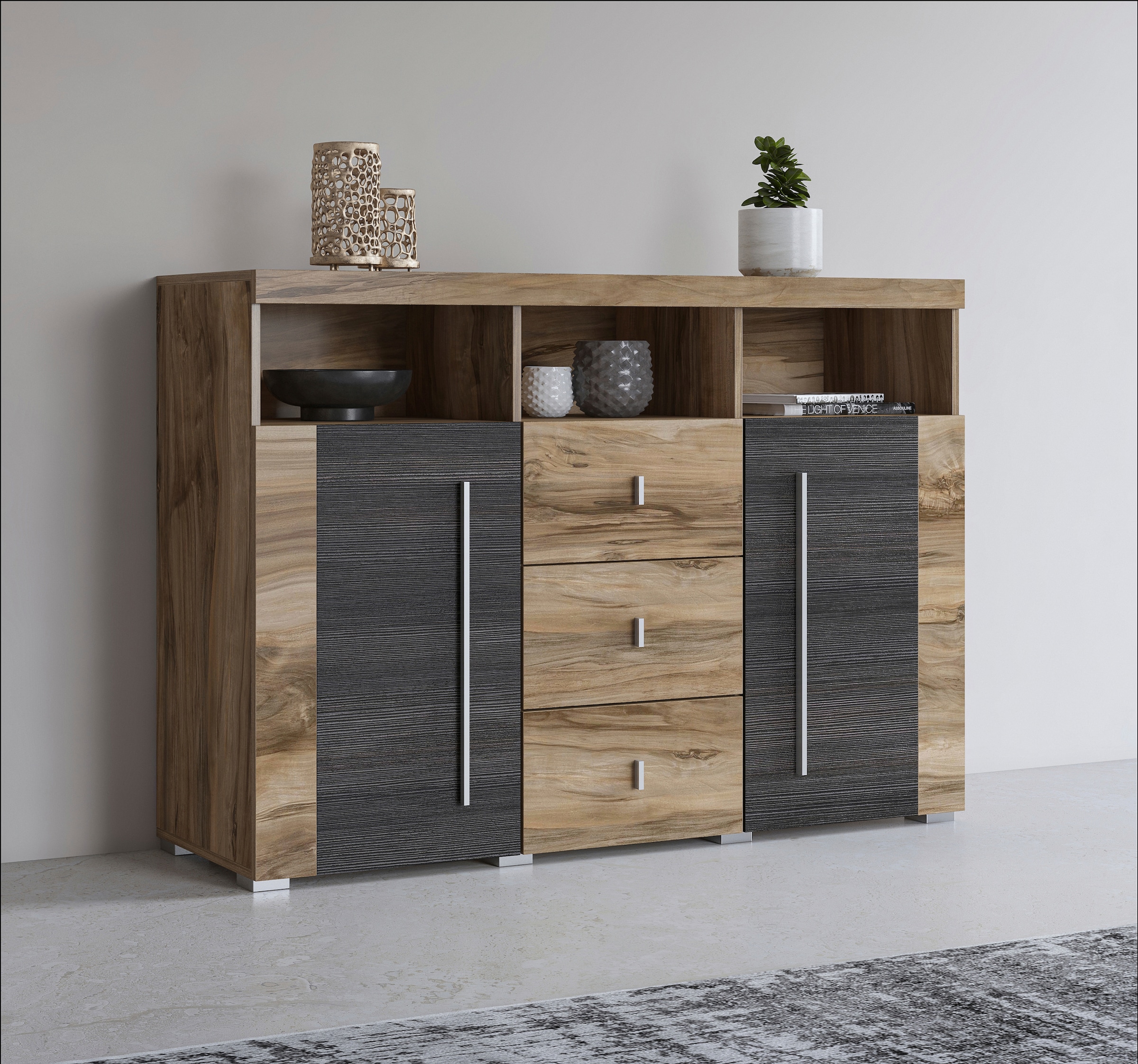 INOSIGN Sideboard "Roger,Breite 132cm, stilvolle Schrank, 2 Holztüren 3 Schubladen", Kommode mit viel Stauraum, Einlegeb