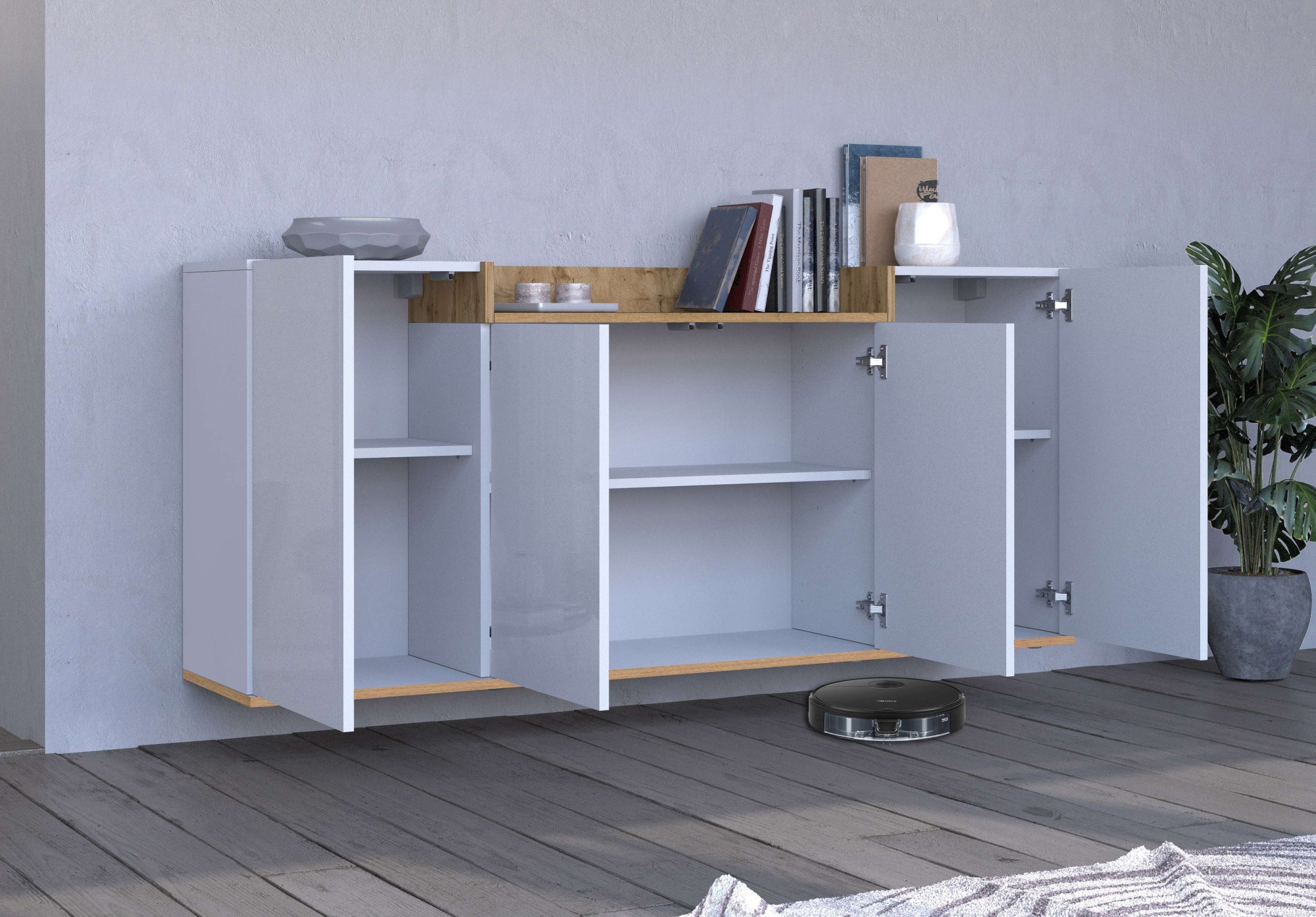 OTTO home Sideboard »BOLSENA, Kommode, Schrank,Lowboard mit 6 Fächer und offenes Ablagefach« 1 Stk. tlg. Breite 160 cm,stehend/hängend,Fronten Hochglanz lackiert,Made in Italy