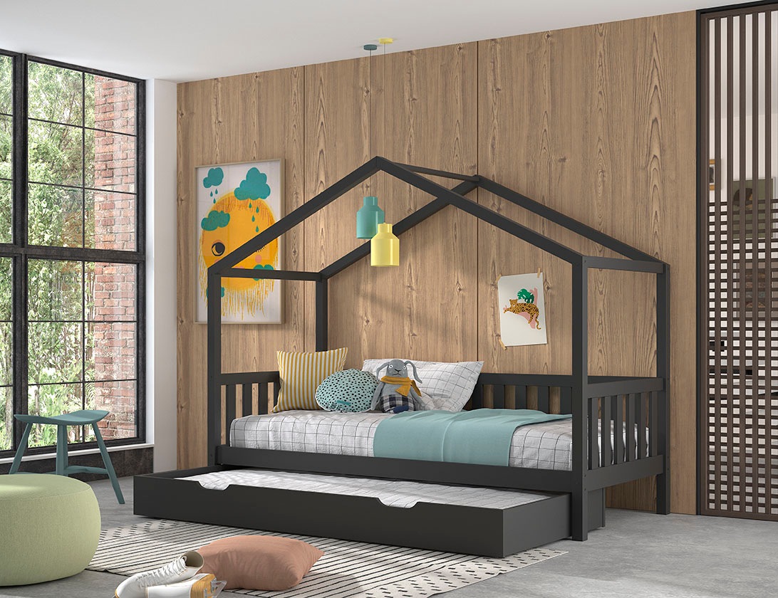 Vipack Hausbett »Dallas«, (Made in Europe), 90x200 cm, inkl. Rolllattenrost, Kiefer anthrazit,mit o. Bettschublade