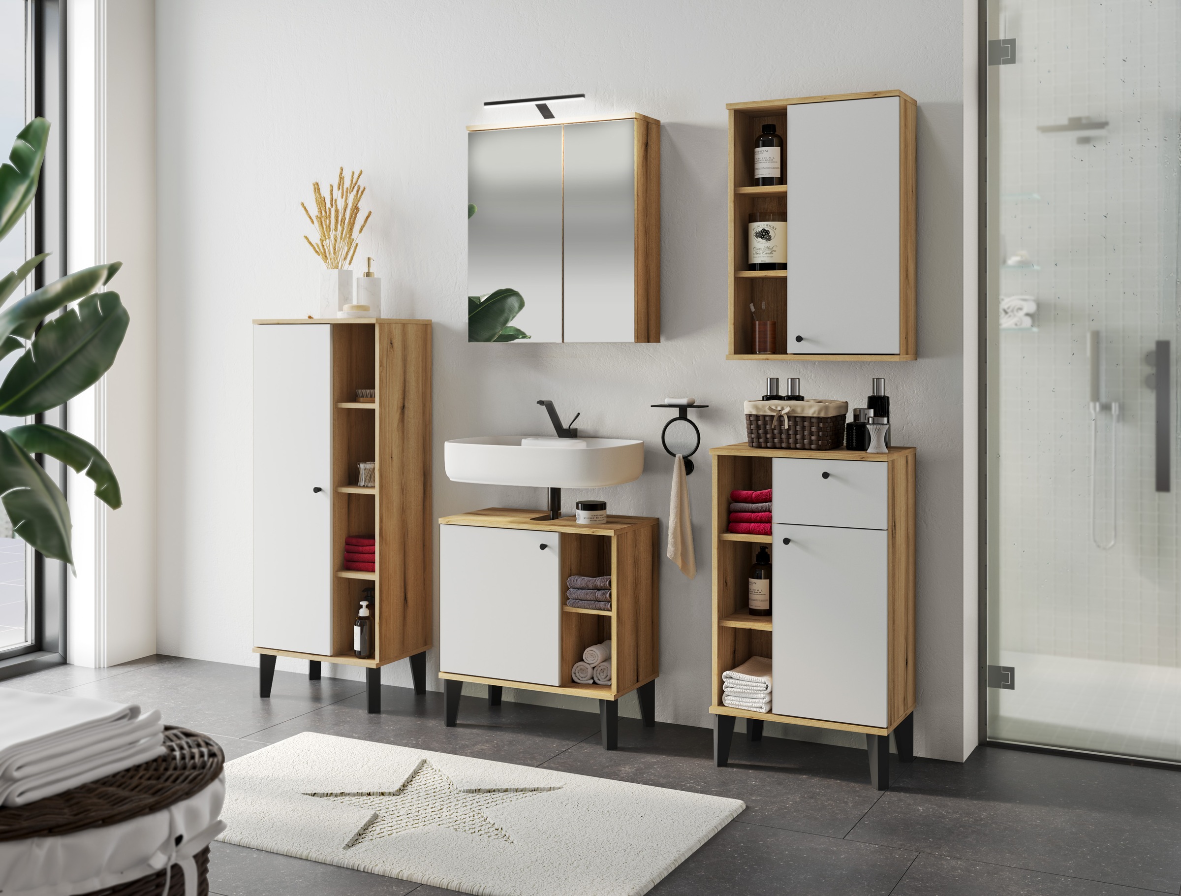 INOSIGN Badmöbel-Set »OSLO, Bad im skandinavischen Design, 5-teiliges Badezimmer«, (Set, 5 St.), Badschränke und Spiegel, in zwei Farben verfügbar, viel Stauraum