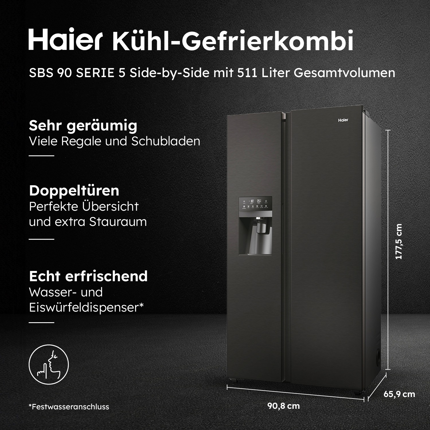 Haier Side-by-Side SBS 90 Series 5 "HSR5918DIPB" 177,5 cm hoch 90,8 cm brei günstig online kaufen