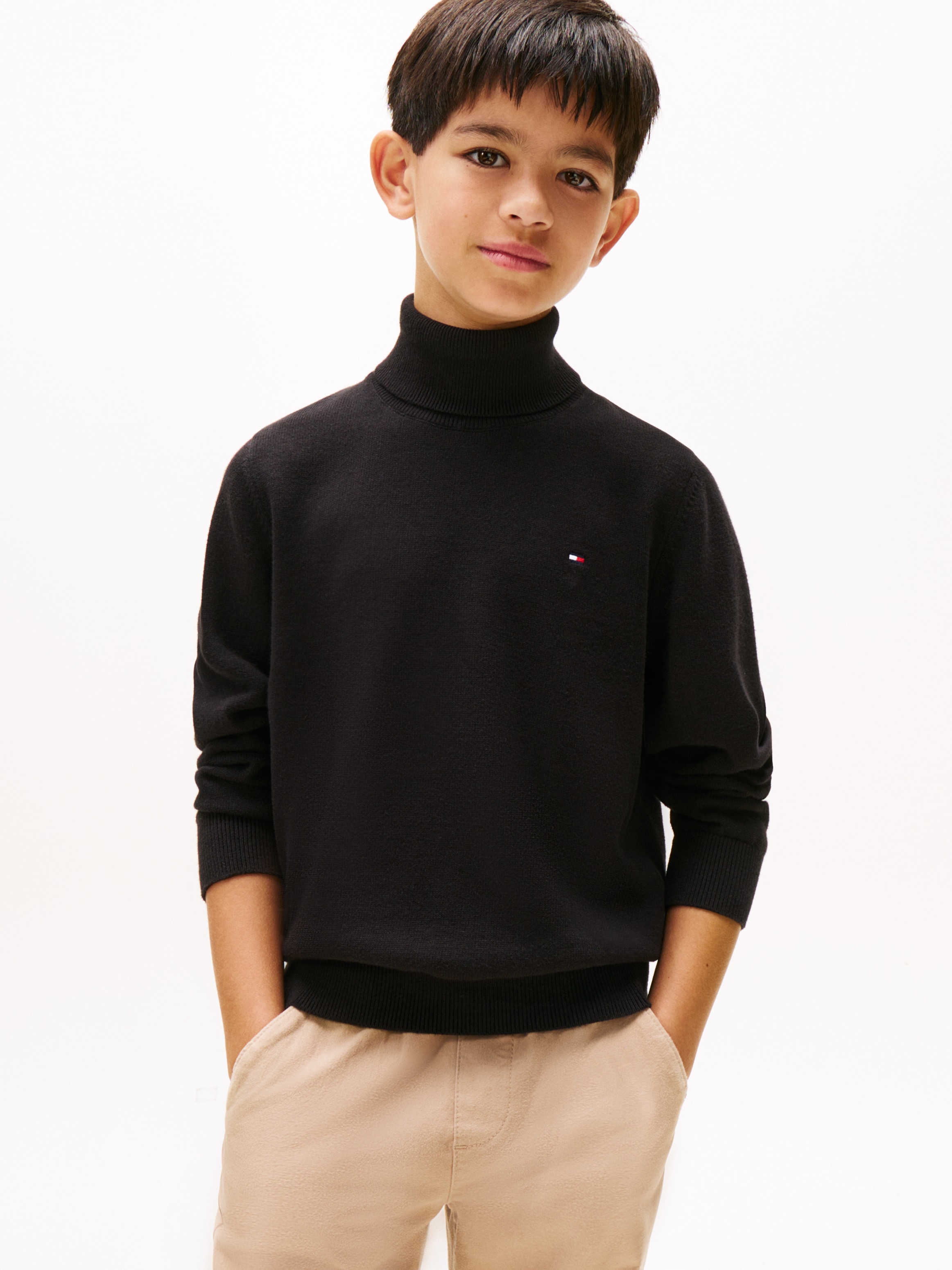 TOMMY HILFIGER Kinder Strickpullover "COTTON TURTLE NECK SWEATER"schwarz, Gr. 8, unifarben, Strick, Obermaterial: 100% Baumwolle, Pullover, Kinder