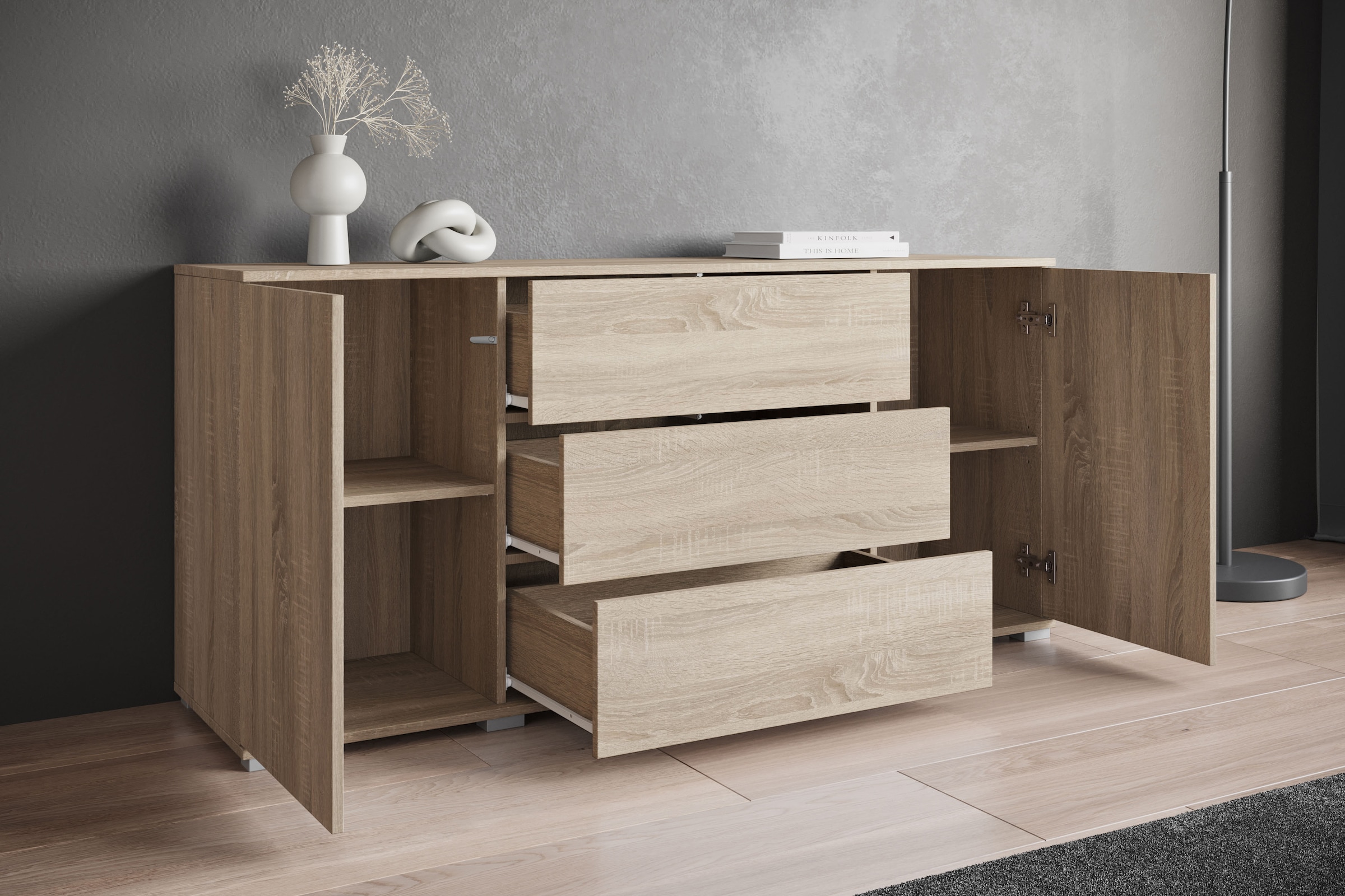 INOSIGN Sideboard »Kenia«, (1 St.), Modernes Sideboard mit 3 Schubladen und 4 Fächern, Breite 150 cm