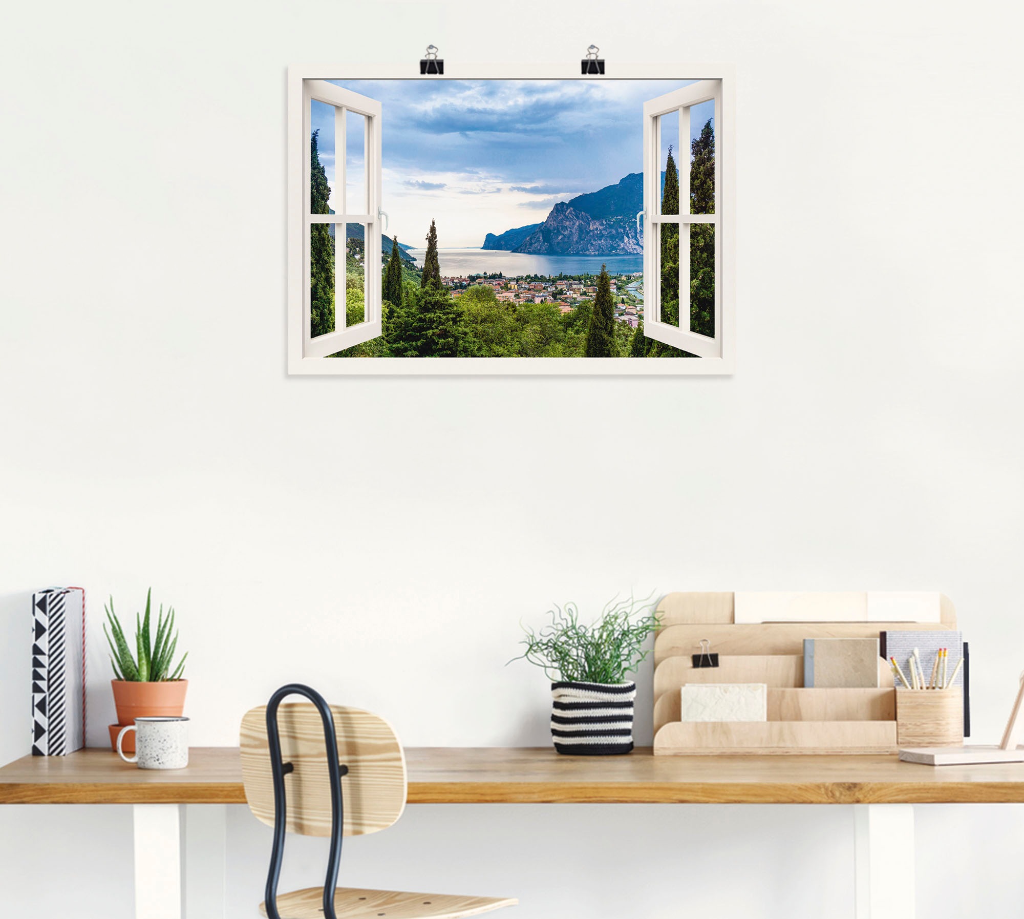 Artland Wandbild »Gardasee durchs weiße Fenster«, Seebilder, (1 St.), als Alubild, Outdoorbild, Leinwandbild, Poster, Wandaufkleber
