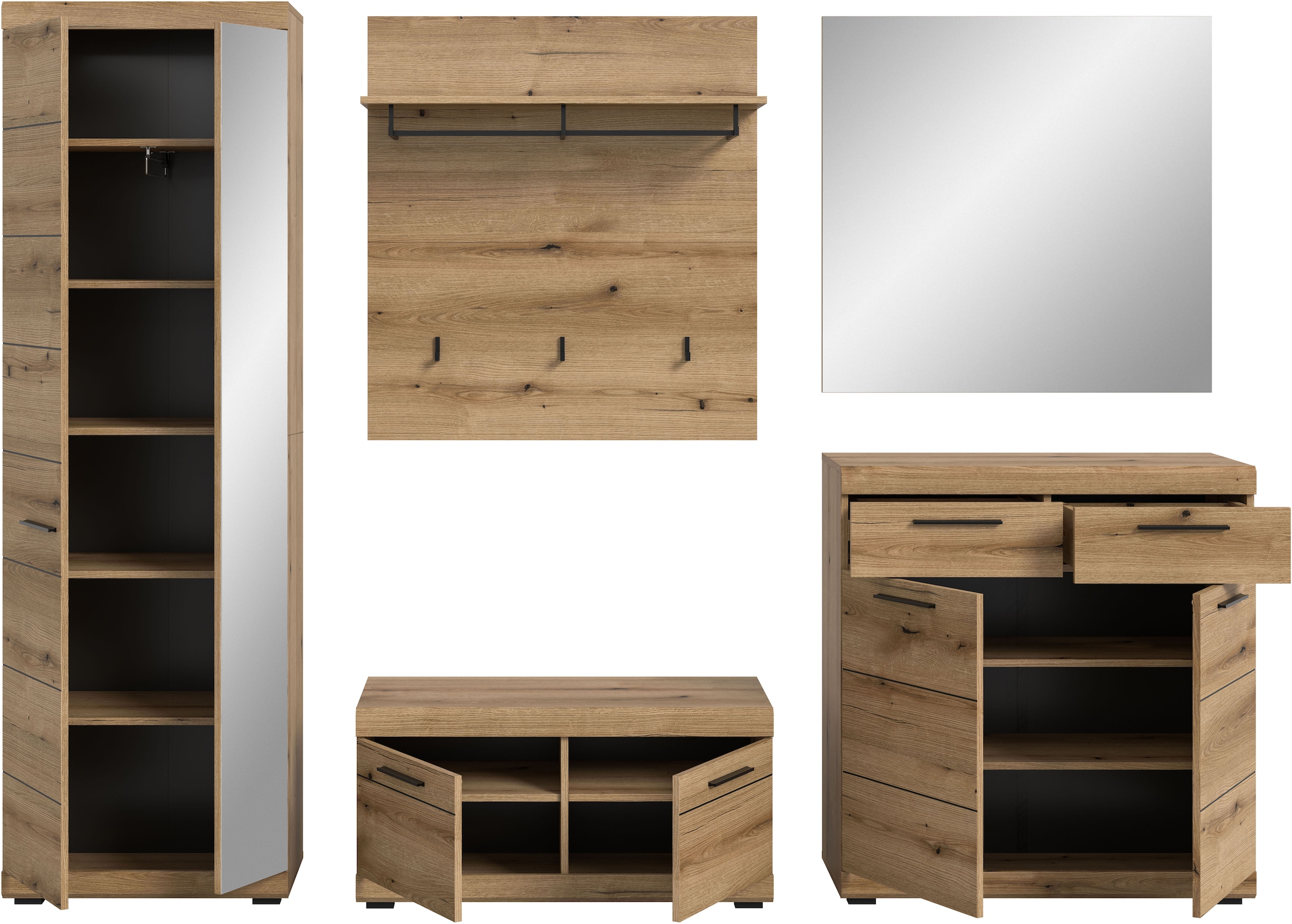 INOSIGN Garderoben-Set »Siena, Fronten mit hochwertiger Rillenfräsung, 5-teilig,bestehend aus:«, (Komplett-Set, 5 St.), Scout Garderobenkombinatio 5-tlg., Breite 272 cm, Flur, Diele
