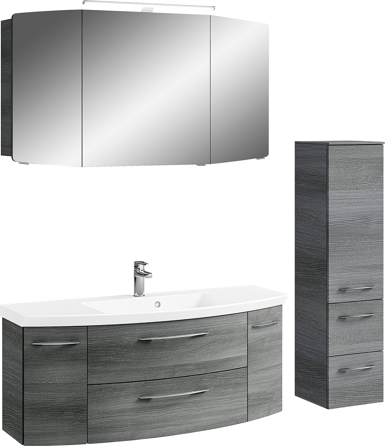 Saphir Badmöbel-Set »Cassca Sprint 3-teilig Mineralmarmor-Waschtisch mit LED-Spiegelschrank«, (4 St.), mit Midischrank, inkl. Türdämpfer, 6 Türen, 4 Türen