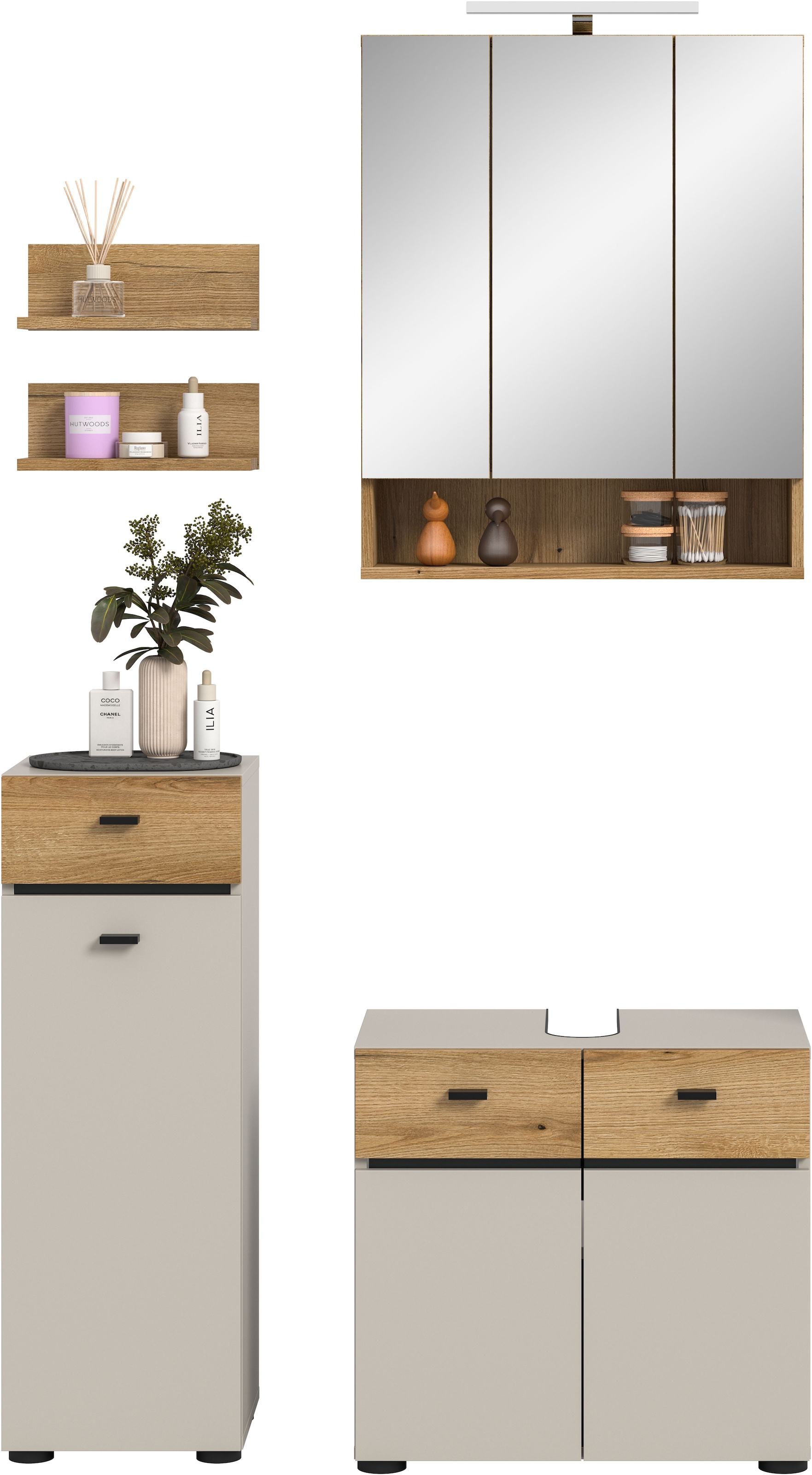 welltime Badmöbel-Set »VANN, 5-teilige moderne Badkombination, inkl. Beleuchtung« Midischrank, 2er Set Wandregal, Waschbeckenunterschrank,Spiegelschrank, 5 Stk. tlg.