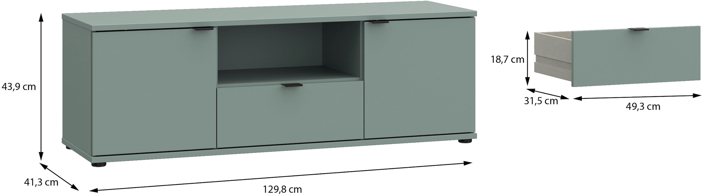 FORTE Lowboard »Ganymede«, (Breite 129,8cm), TV Board, Stauraum, Schublade; Metallgriffe, Kabelführung