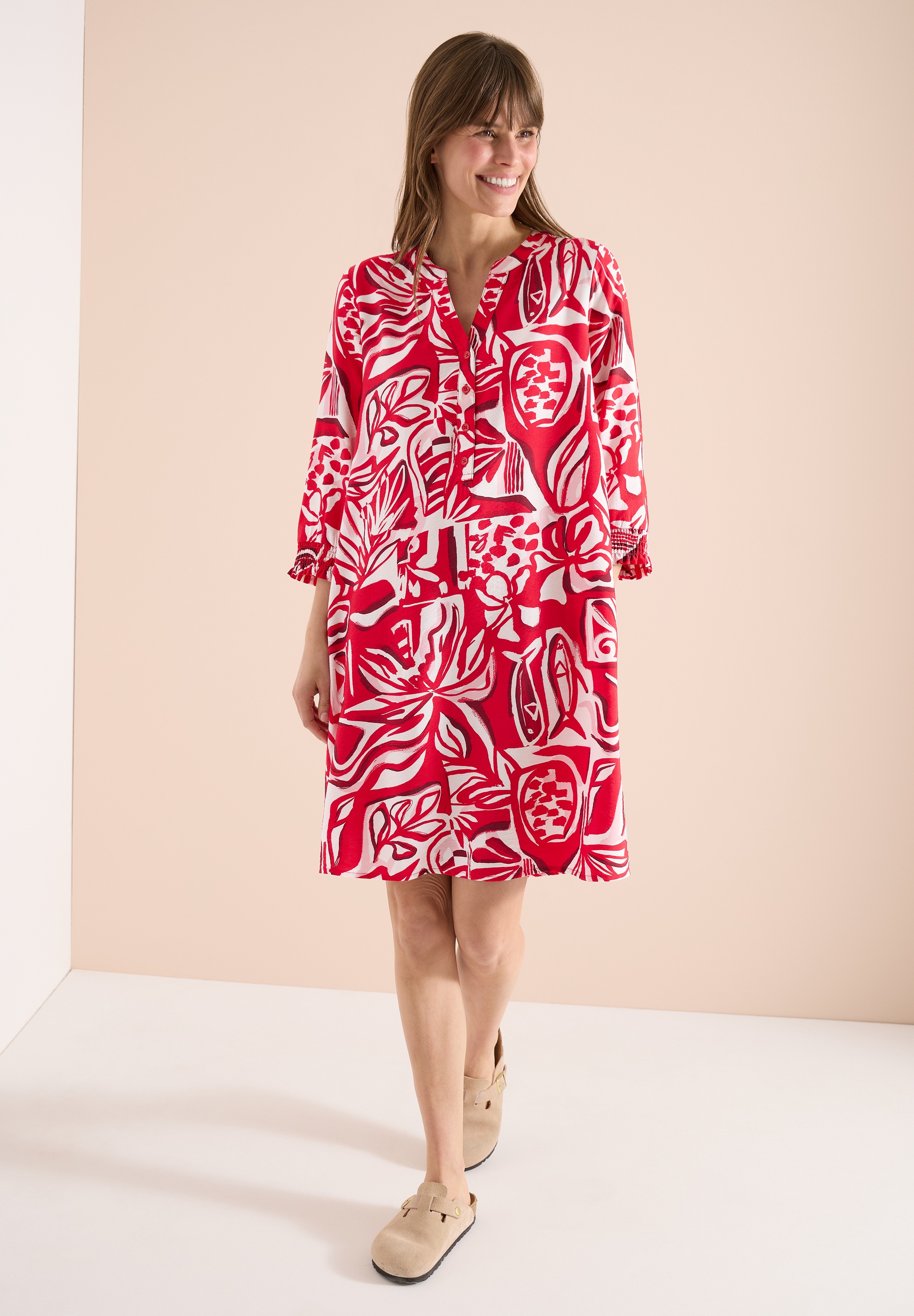 Midikleid CECIL, Damen, Gr. XL (44), US-Größen, glazed apple rot, Stoff, 88% Viskose, 12% Polyamid, gemustert, comfort fit knieumspielend, V-Ausschnitt, Bündchen, Kleider Midikleid, knielang 2