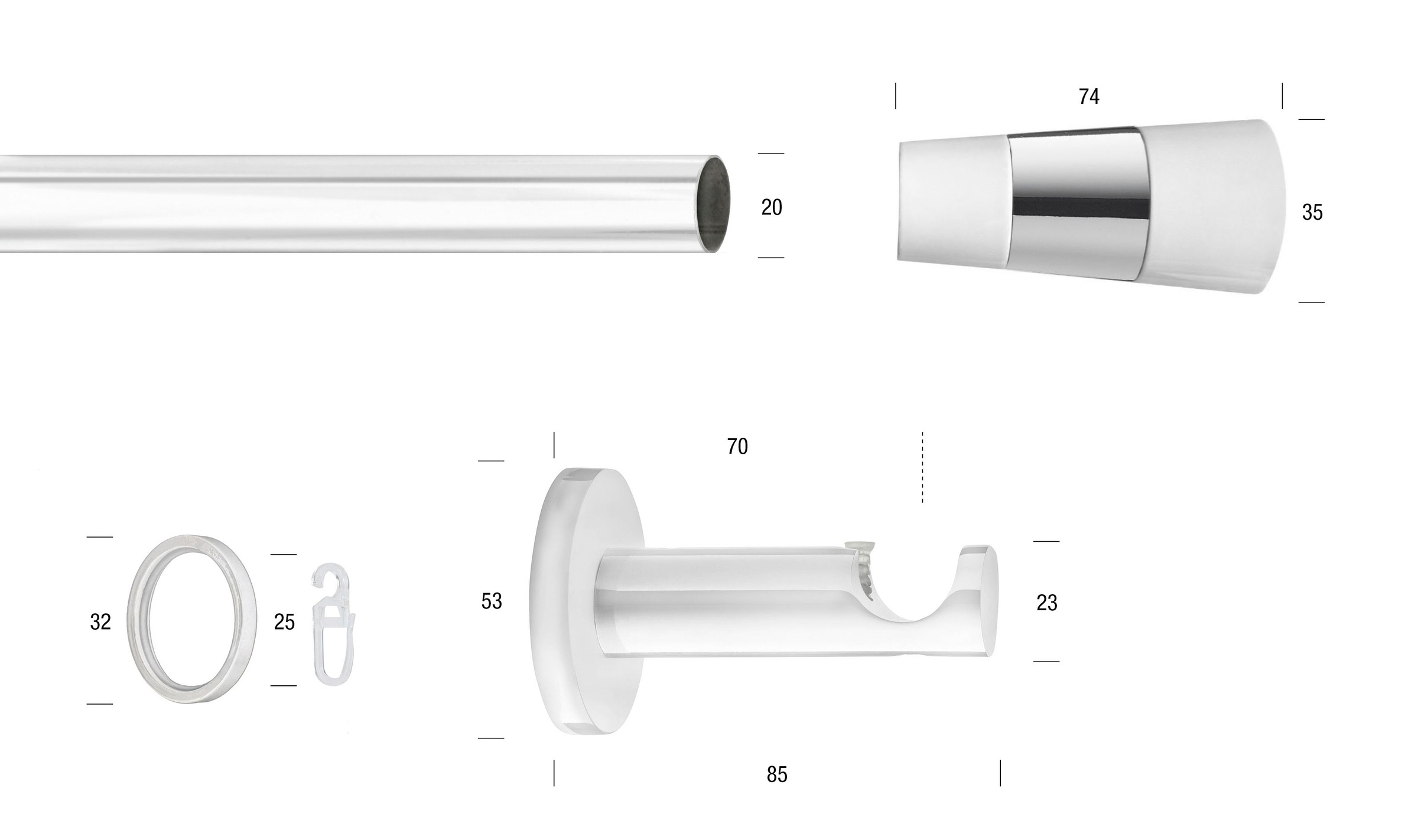 Thumbnail - GARESA Gardinenstange "WHITE" Ø 20 mm 1 läufig-läufig Wunschmaßlänge Vorhanggarnitur, verlängerbar, Wandmontage, Endknop...
