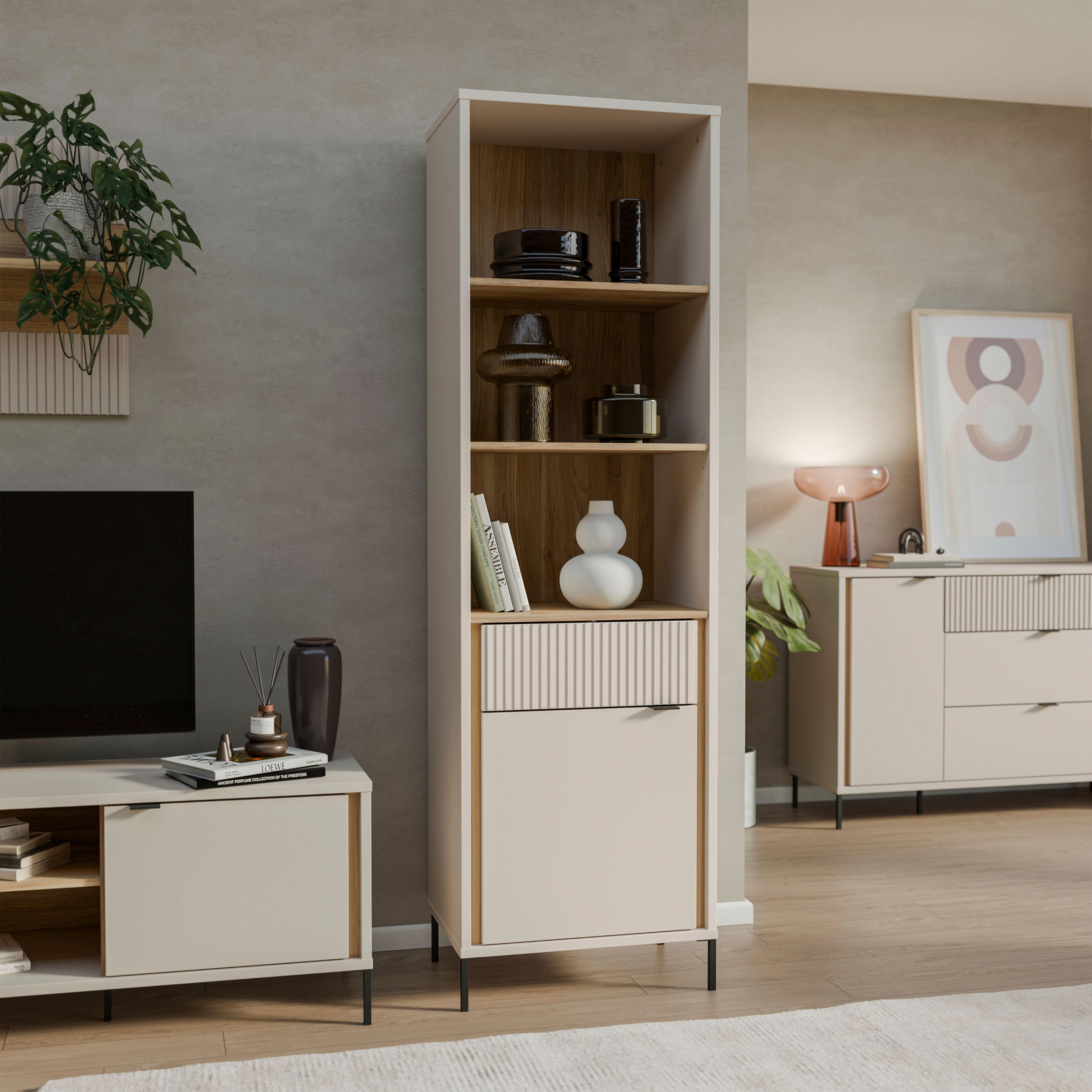 FORTE Vitrine »Forte Seravel Vitrine, 2-türig, 1 Schublade, Lamellen« B/H/T 59,4/199,2/41,5 cm, Stauraum, optionale Beleuchtung
