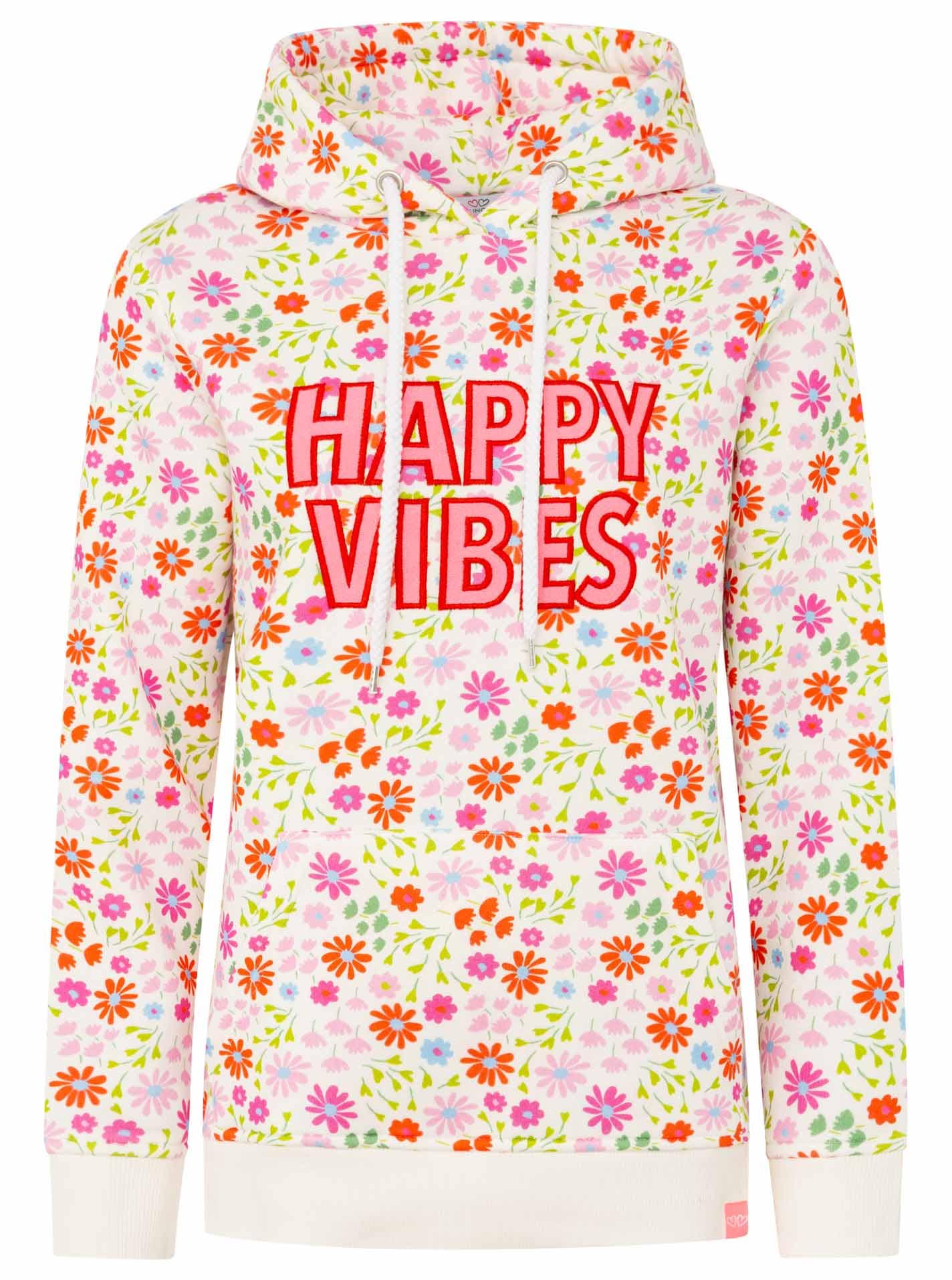 Zwillingsherz Hoodie »"AOP Flower Happy Vibes"«, All-Over-Print, gestickter Schriftzug, Kapuze, elastische Bündchen

