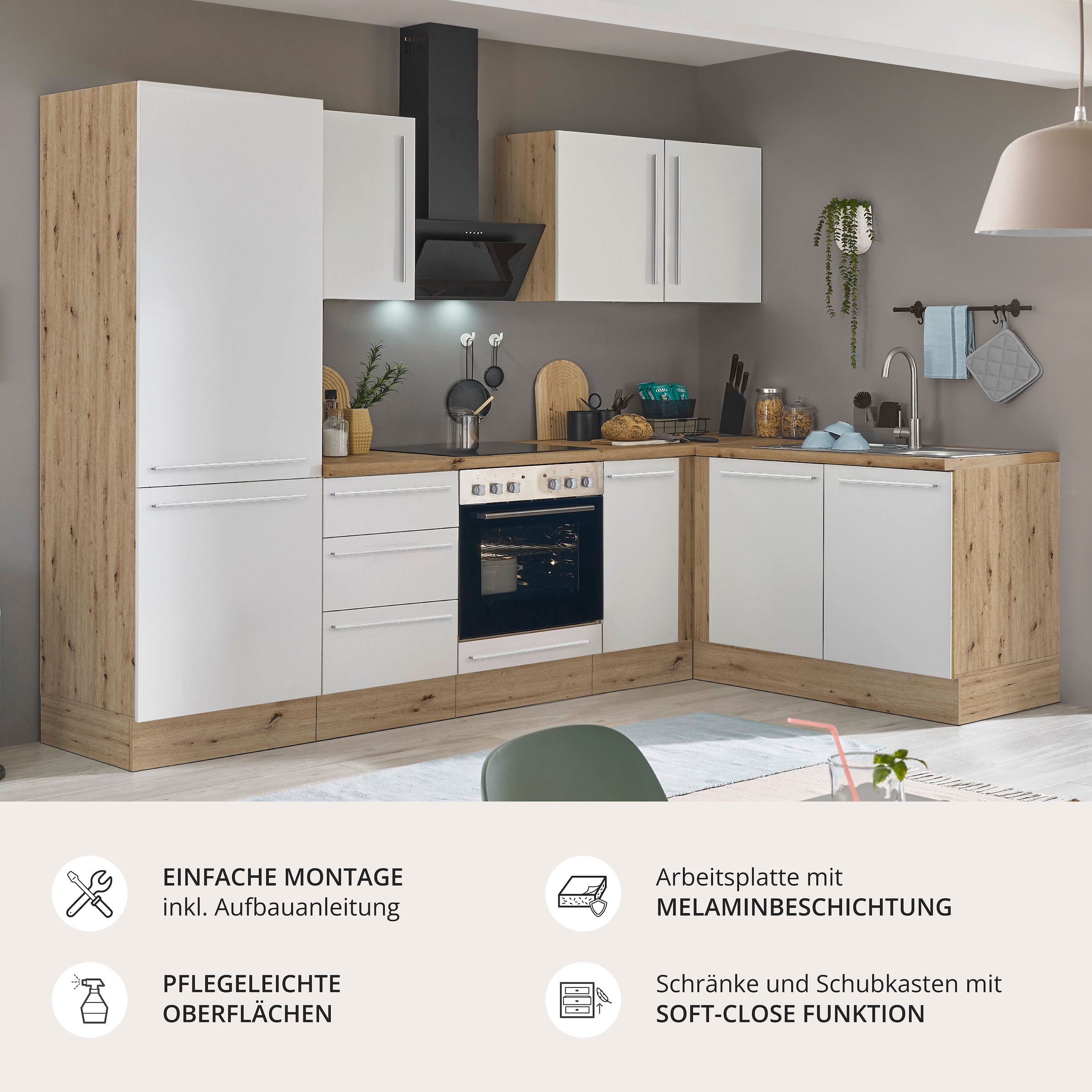 KOCHSTATION Winkelküche »Florida, Stellbreite 270x165 cm« wahlweise mit E-Geräten, mit Softclose für Türen und Schubkästen