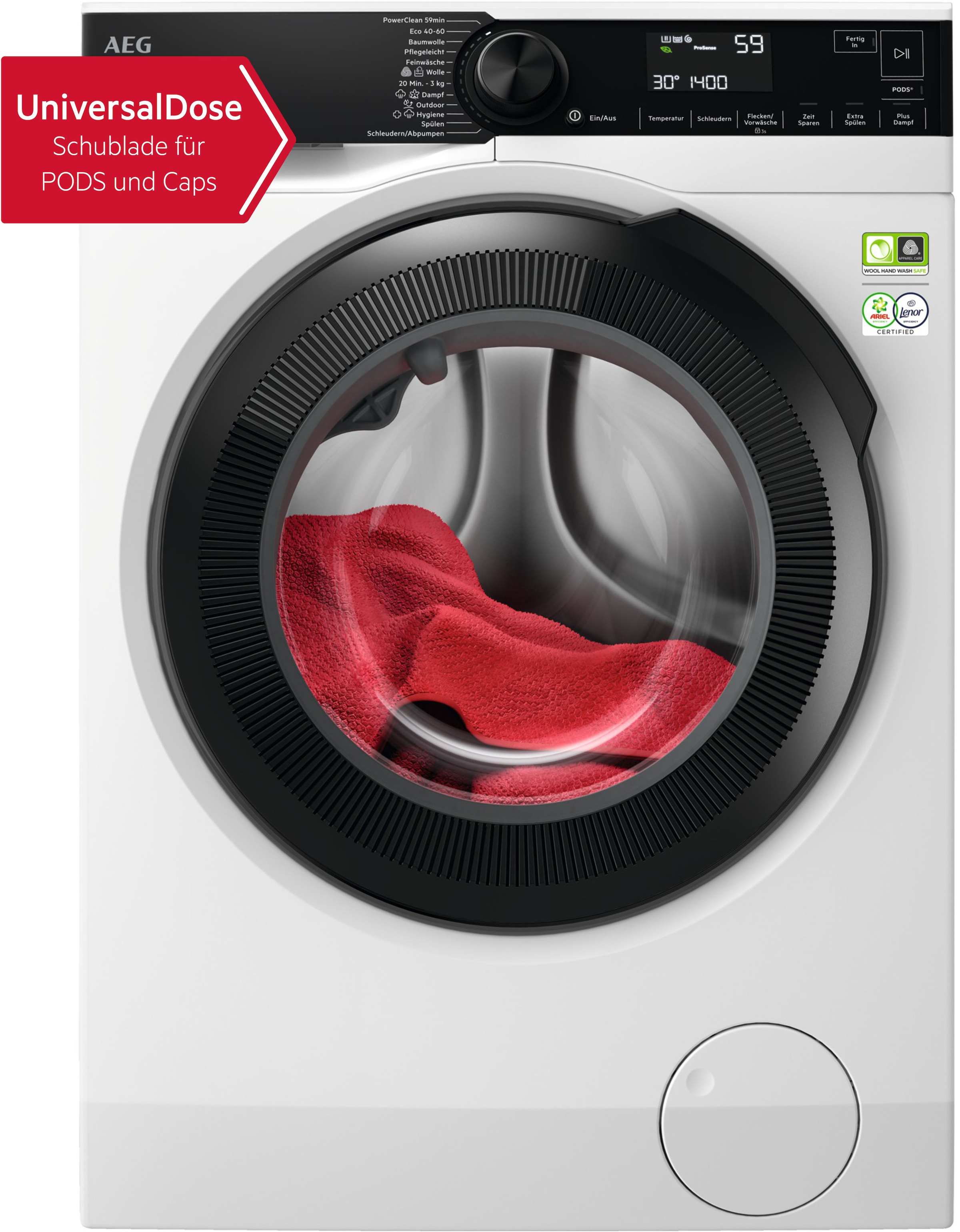 AEG Waschmaschine "LR8EG75480", B:60cm H:85cm T:58cm, weiß, Waschmaschinen, UniversalDose: löst PODS/Caps 60 % schneller auf für beste Reingung