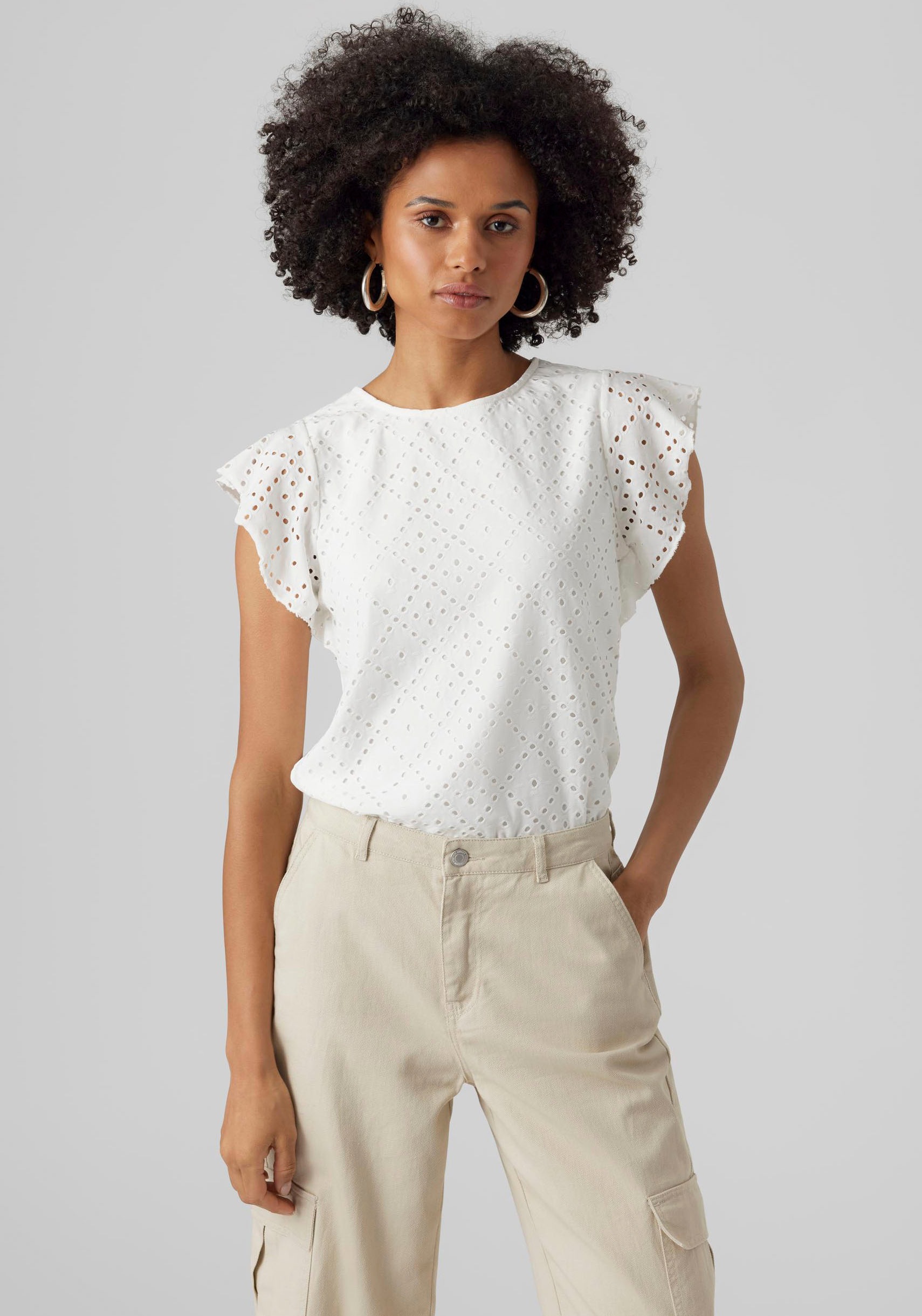 Vero Moda Rundhalsshirt "VMTASSA SL FRILL TOP NOOS" Materialmix, loose fit günstig online kaufen