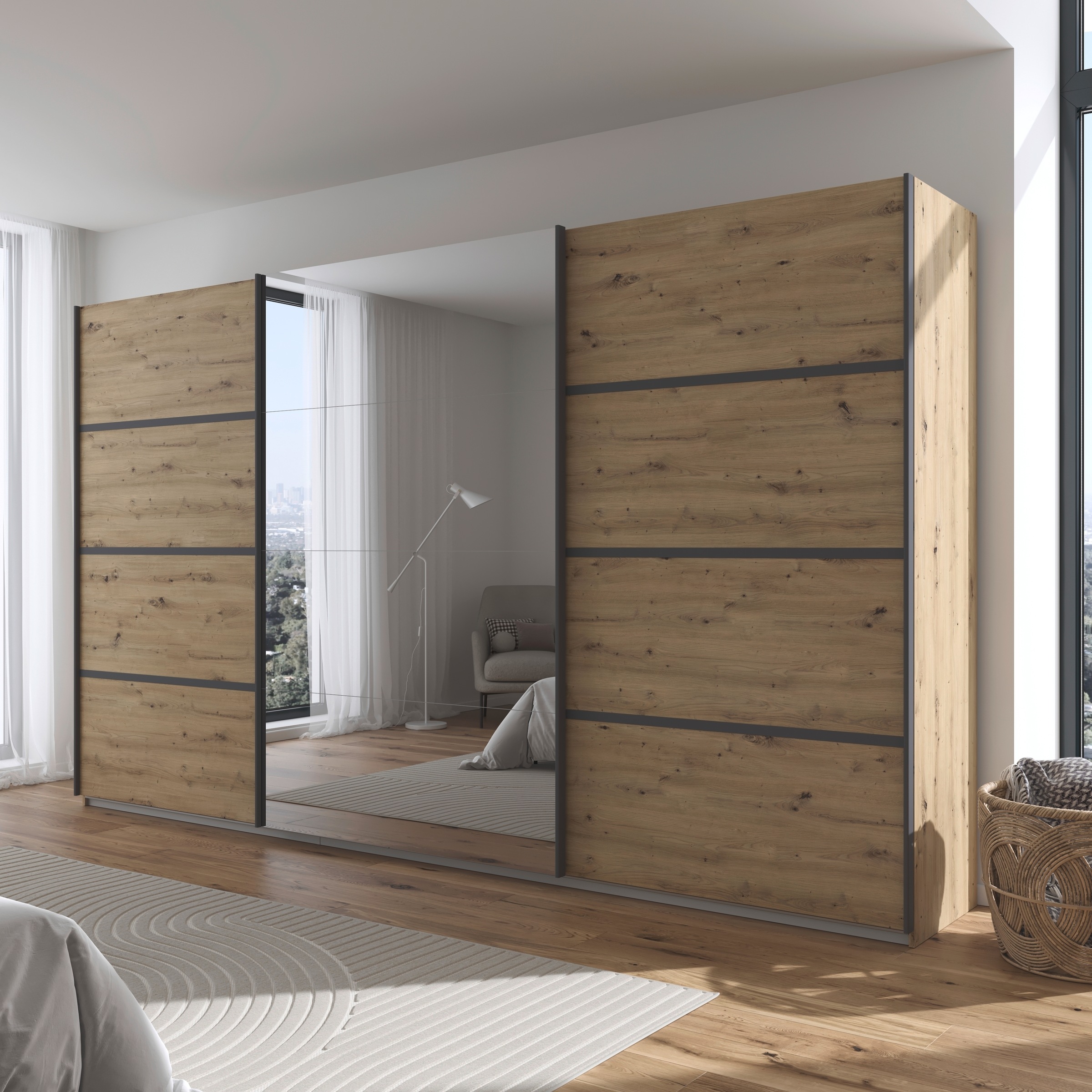 rauch Kleiderschrank »Schwebetürenschrank OTTO´s Choice Garderobe Schrank TOP ANGEBOT Avola«, (in 3 verschiedenen Ausstattungen BASIC/CLASSIC/PREMIUM inkl. Spiegel), mit eleganten Zierleisten in Chrom, Schwarz oder Weiß MADE IN GERMANY
