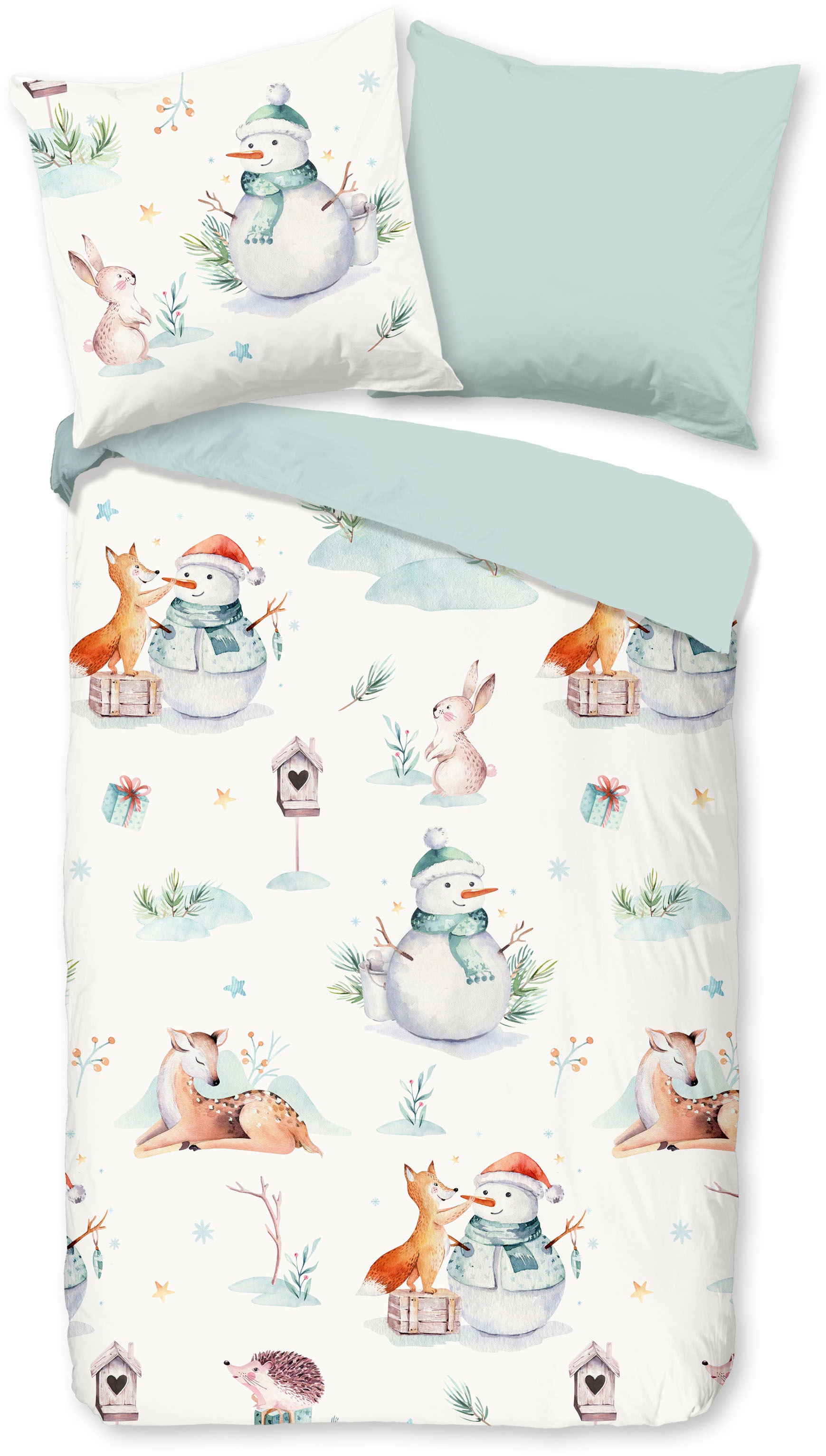 good morning Kinderbettwäsche "Magicwinter" 2 Stk. Flanell, Biber, 135x200, Winter, Warm, Wende, Kind, Schneemann, Weiß