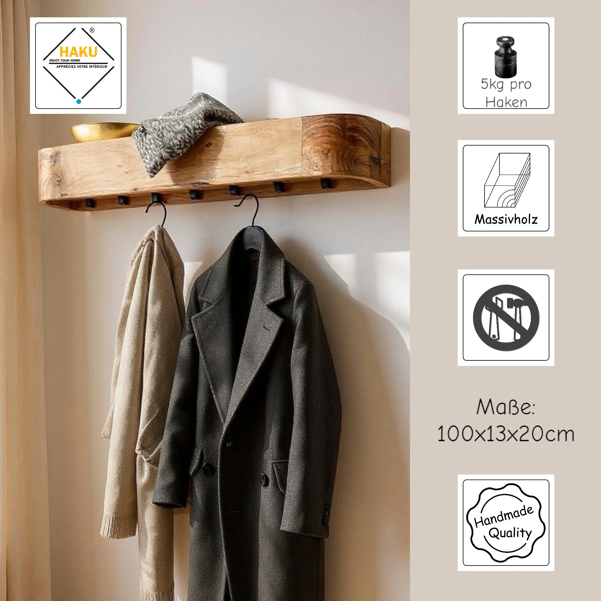 HAKU Wandgarderobe »Wandgarderobe« 1 Stk. tlg. rechteckig - aus Massivholz Braun - B/T/H 100/20/13 cm
