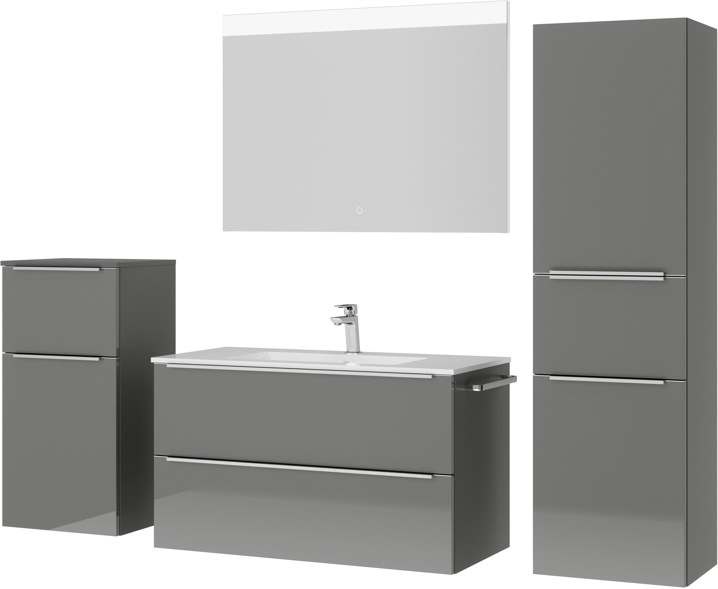 nobilia® Badmöbel-Set »Levere«, (4 St., vormontiert, mit Soft-Close), Hochglanz, inkl. Spiegel mit Touch-Sensor, in vier Breiten