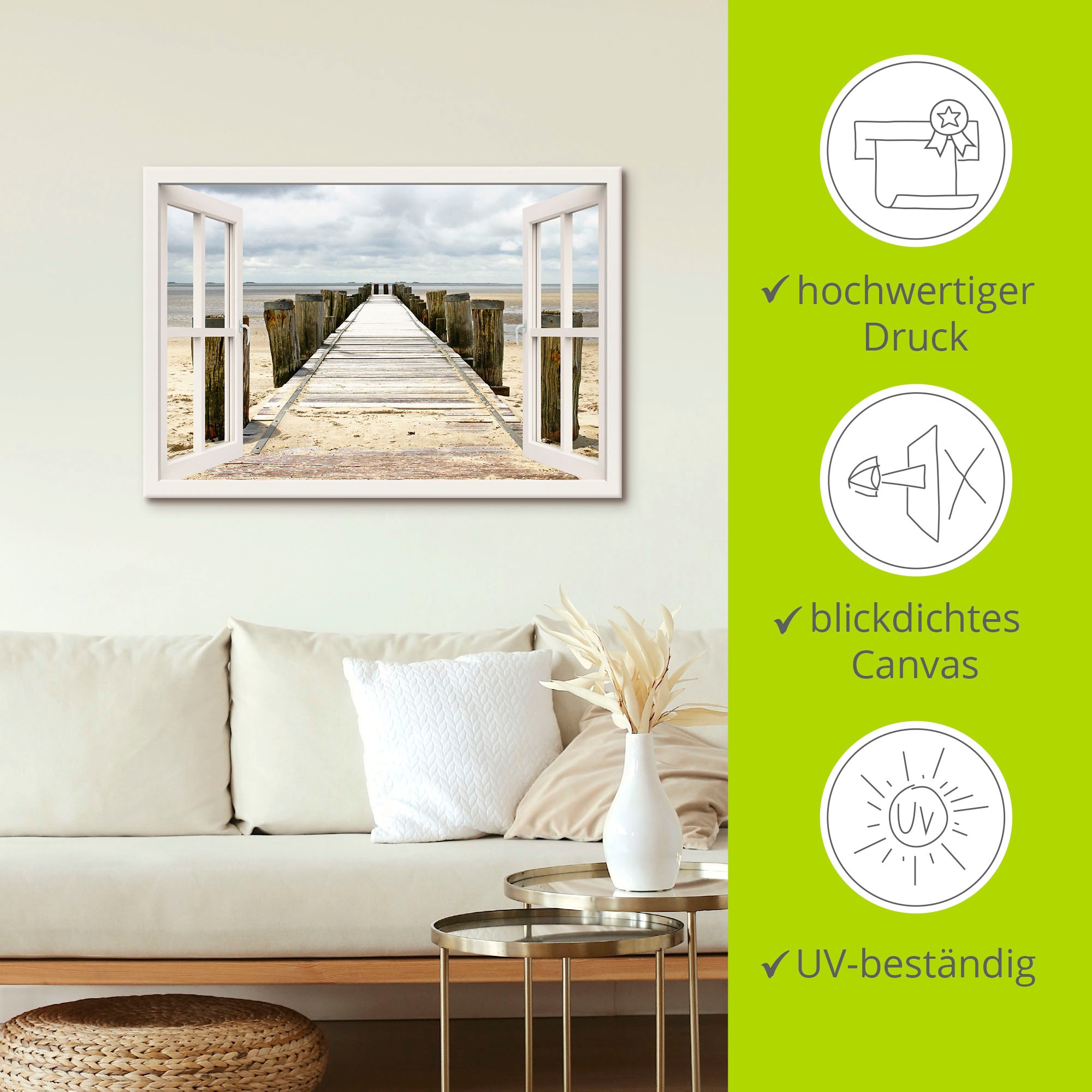Artland Wandbild »Fensterblick - Steg ins Watt«, Fensterblick, (1 St.), als Leinwandbild, Wandaufkleber in verschied. Größen
