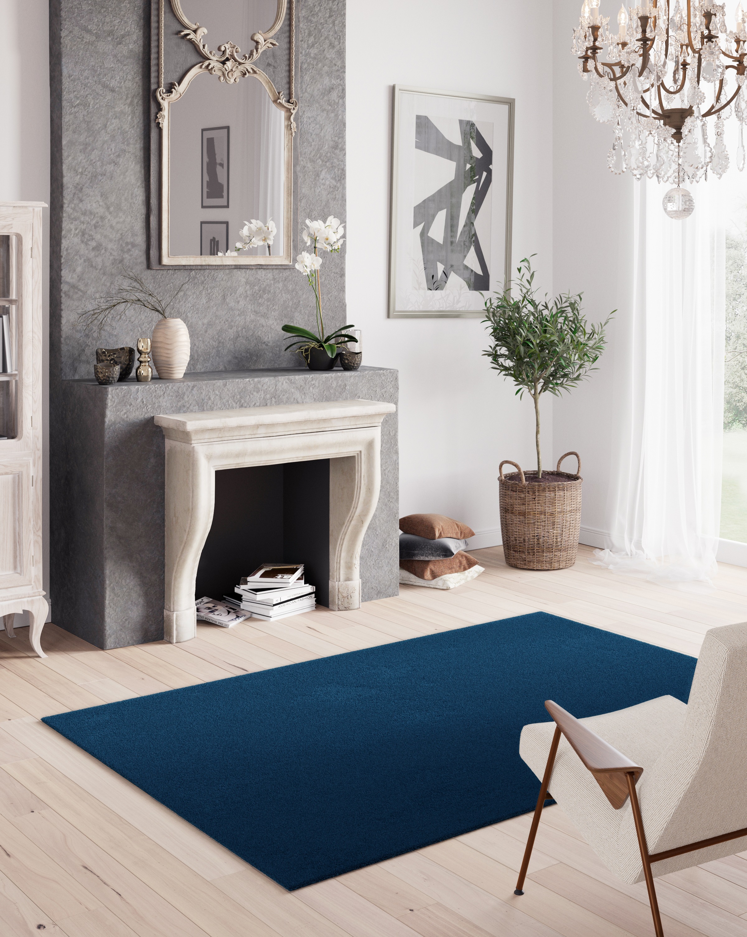 Teppich "MELLOW, Made in Belgium", blau (dunkelblau), B:200cm H:19mm L:290cm, Polyester, PRIMAFLOR-IDEEN IN TEXTIL, Teppiche, Teppich, Uni Farben, weicher Flor, waschbar