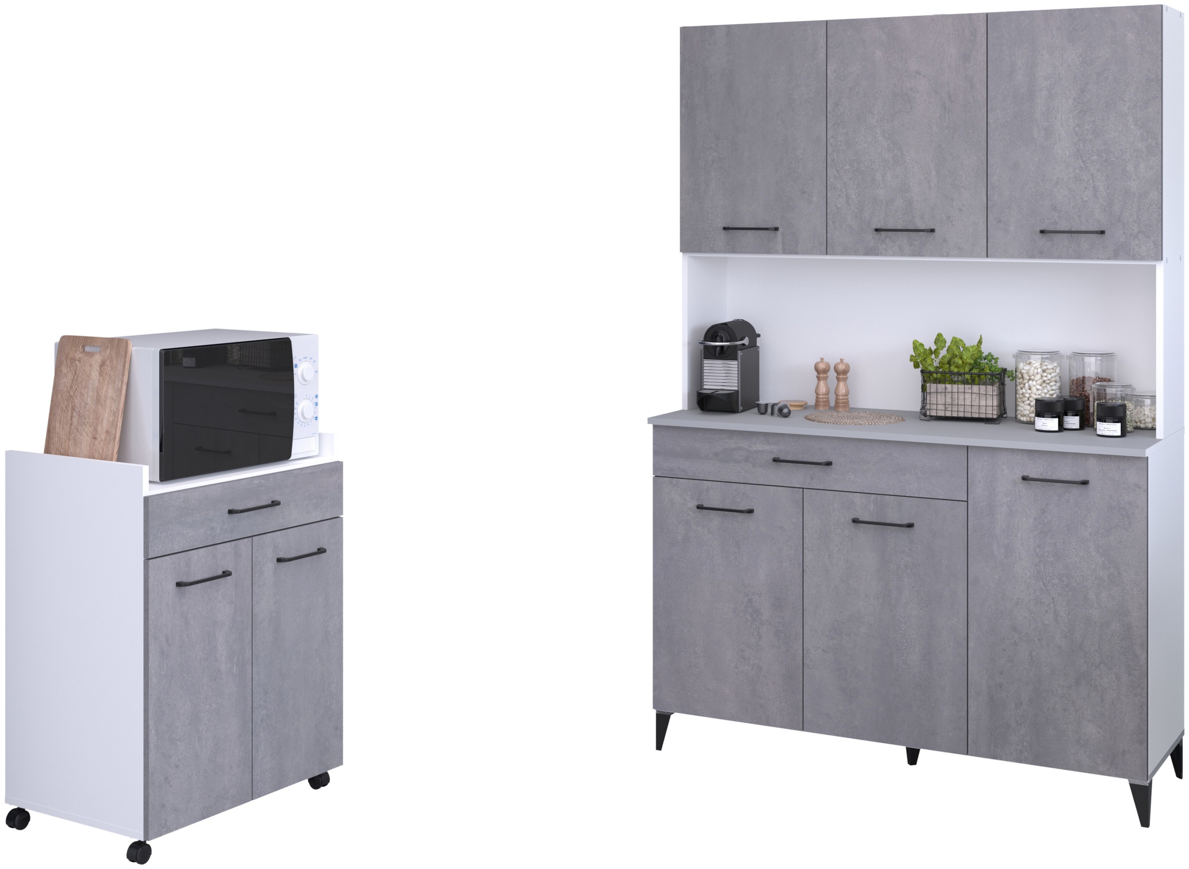 Parisot Schrank-Set »Parisot Malice 2«, (2 St., Buffet und Beistellschrank auf Rollen), Beton Optik mit schwarzen Griffen/Füßen