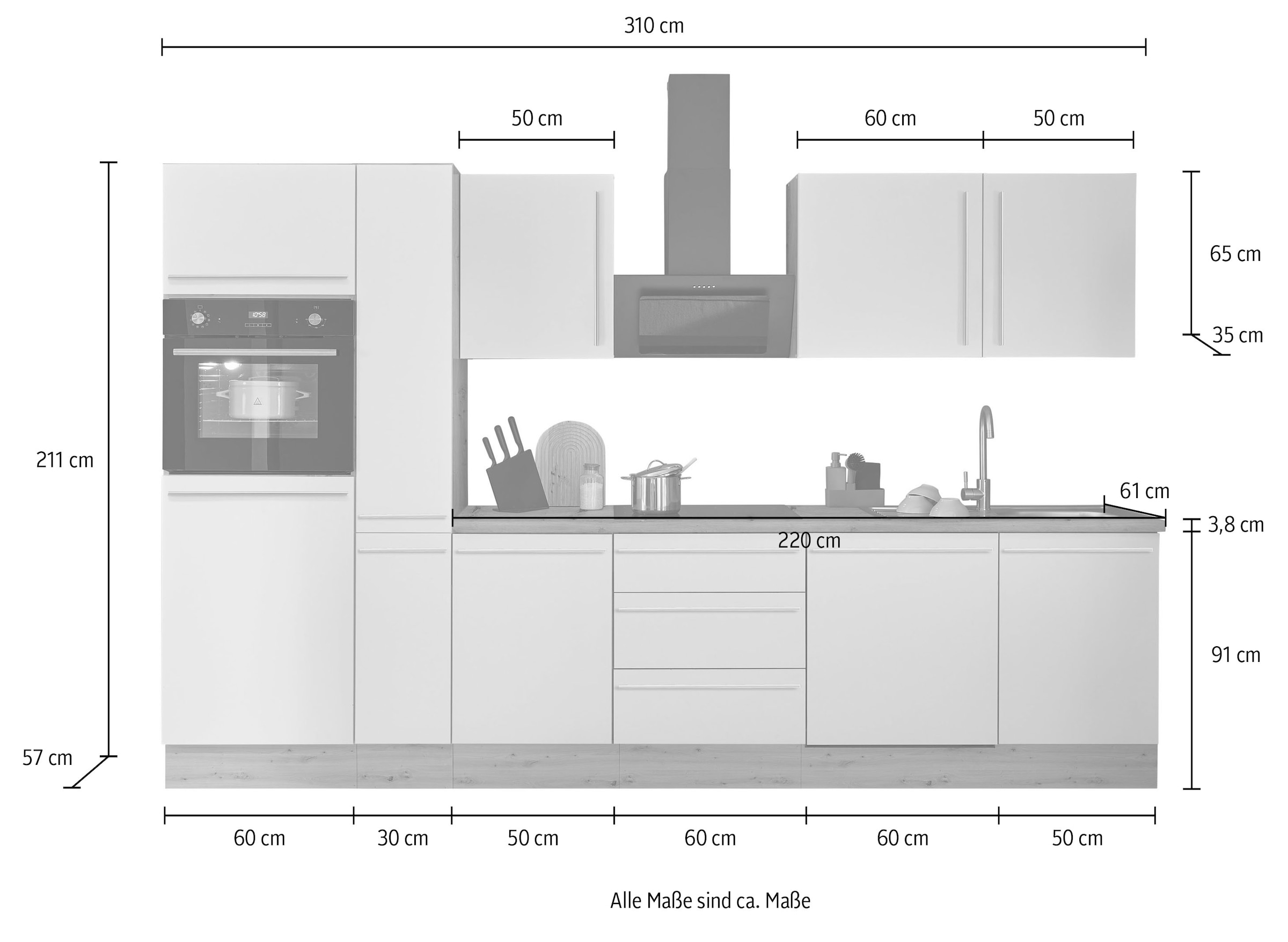 KOCHSTATION Küchenzeile »Florida«, Breite 310 cm, wahlweise mit E-Geräten,Softclose für Türen/Schubkästen