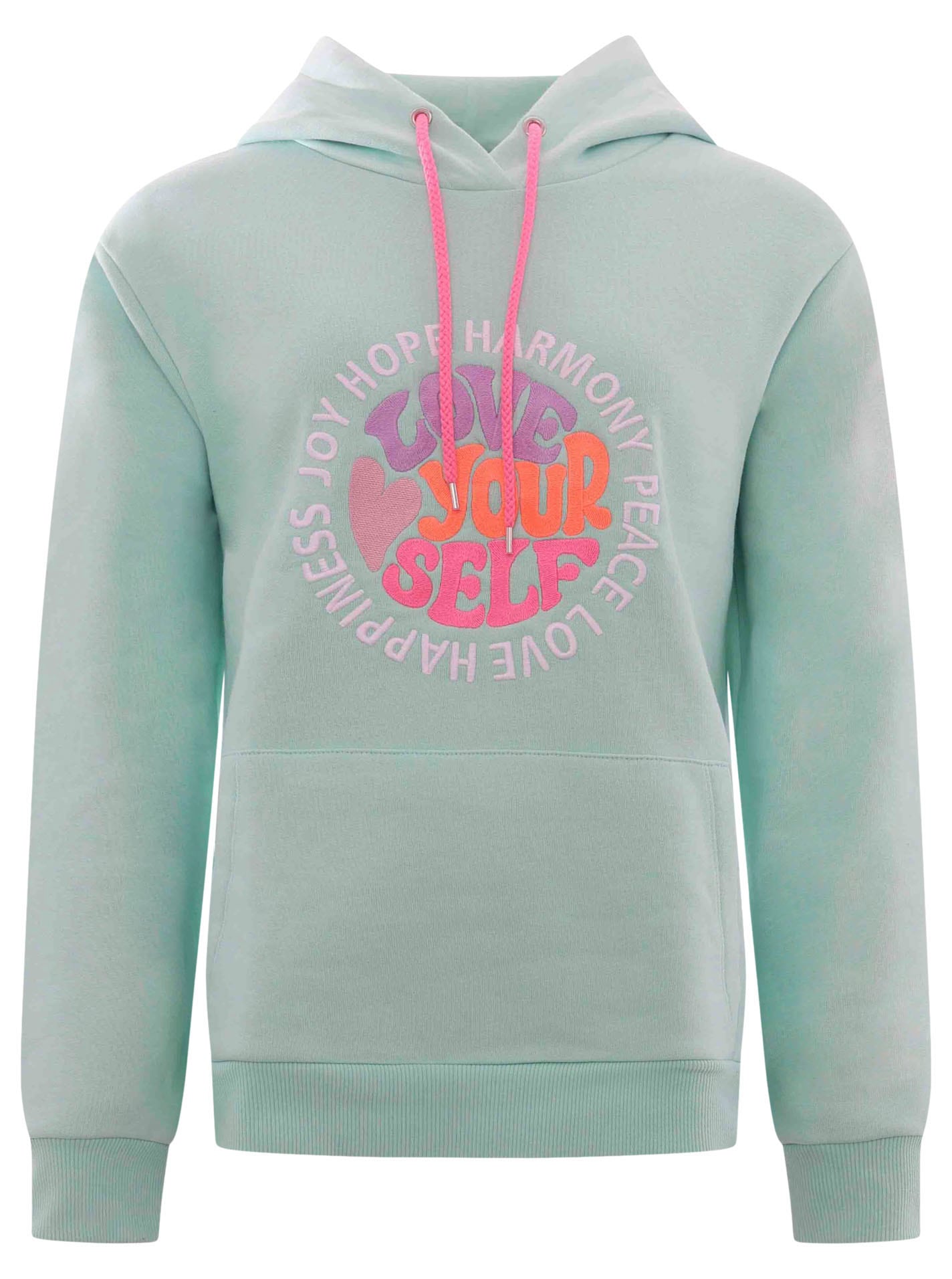 Zwillingsherz Sweatshirt, in Pastell mit neonfarbener "Love Yourself" Stickerei & pinker Kordel