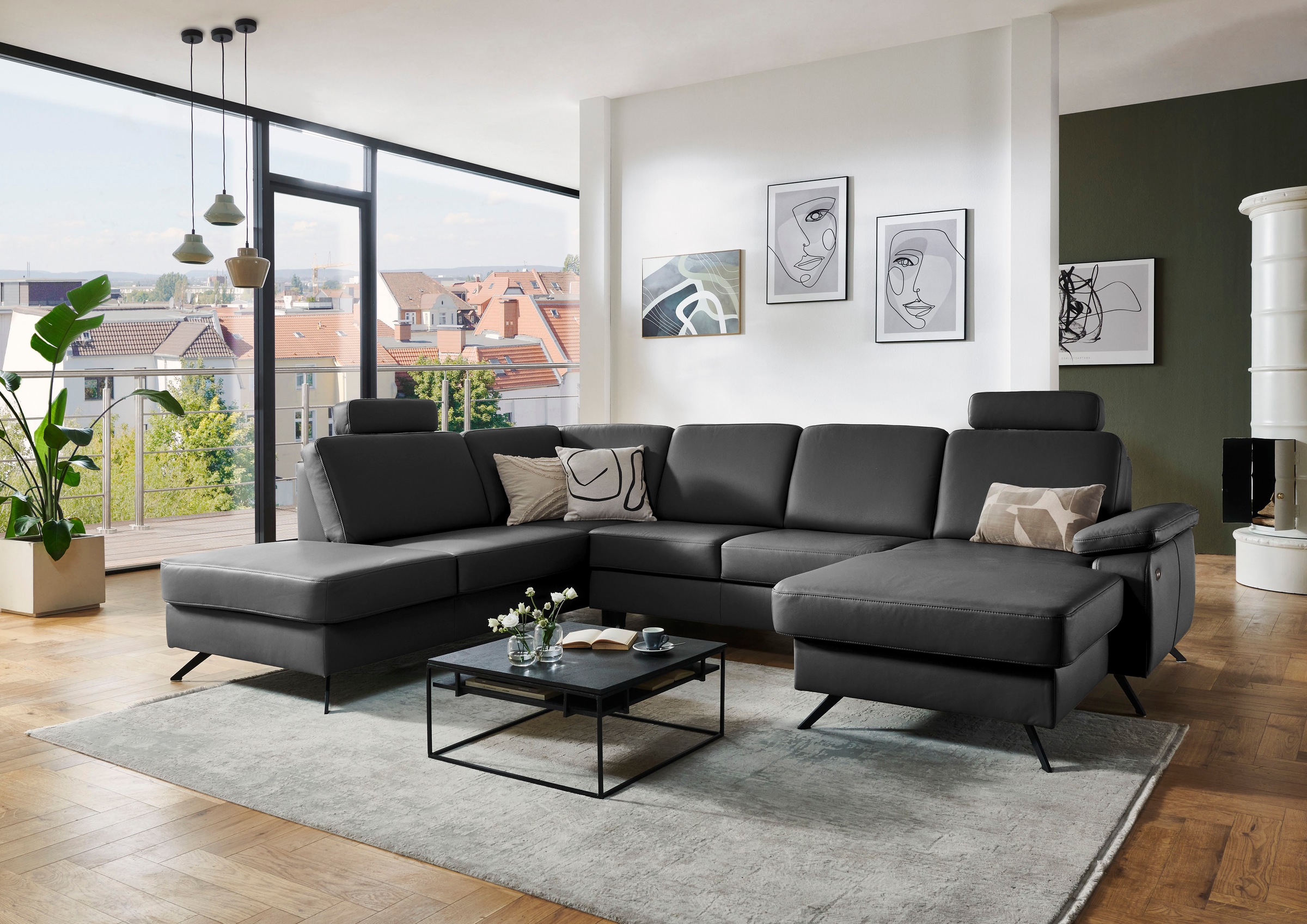 Wohnlandschaft DIE PLANBAR "PN-EM15047 U-Form, mit Kopfstützen", grau (anthrazit), B:309cm H:104cm T:235cm, Sofas, Wohnlandschaft, Echtleder, wahlweise mit Bettfunktion u. Stauraum