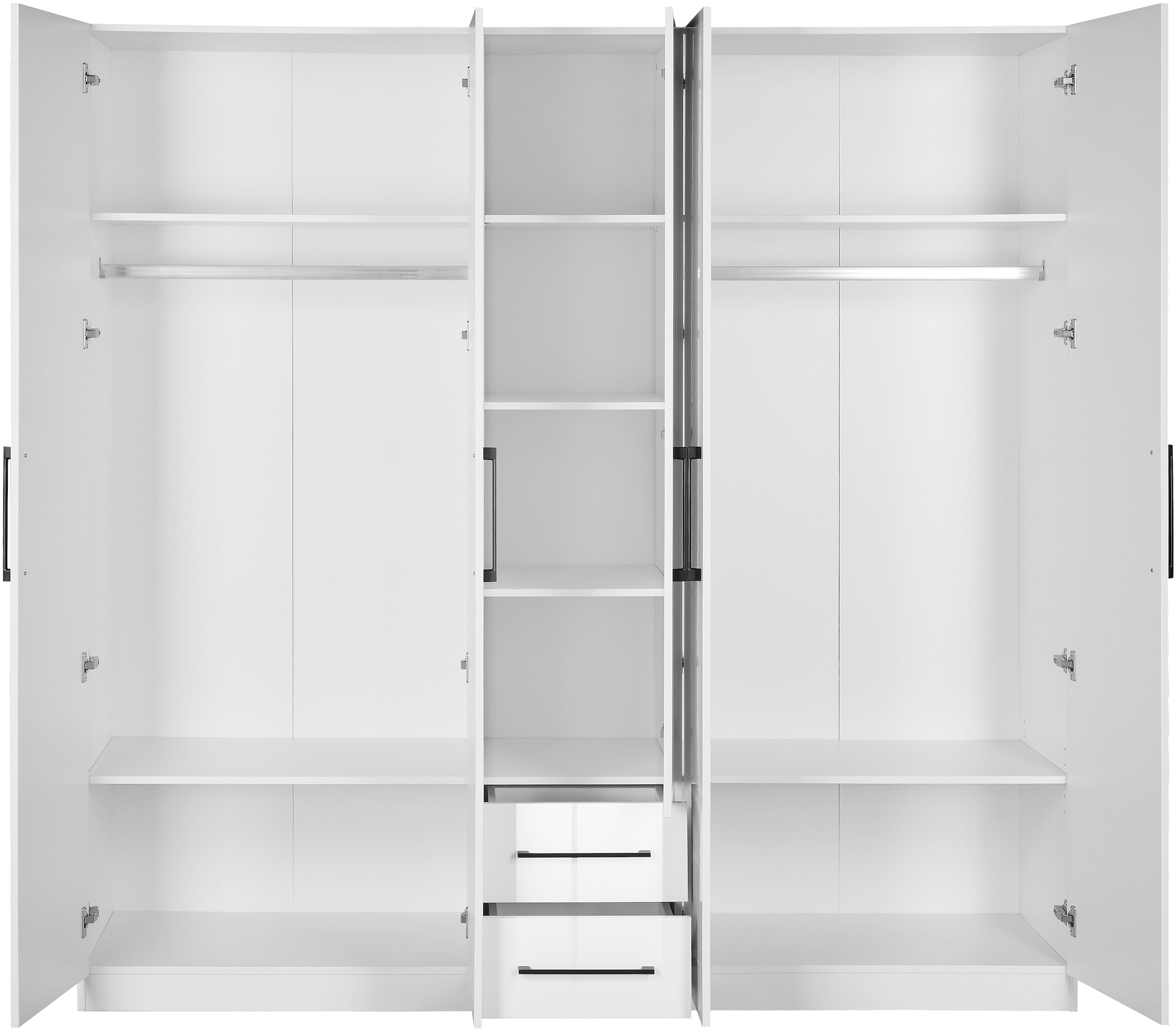 INOSIGN Kleiderschrank »Sylt Schlafzimmerschrank Garderobe Schrank TOPSELLER in hochglanz weiß«, (5 Türen, 2 Schubladen, schwarze moderne Griffe, 7 Einlegeböden), Drehtürenschrank mit perfekter Innenausstattung, Breite 200cm