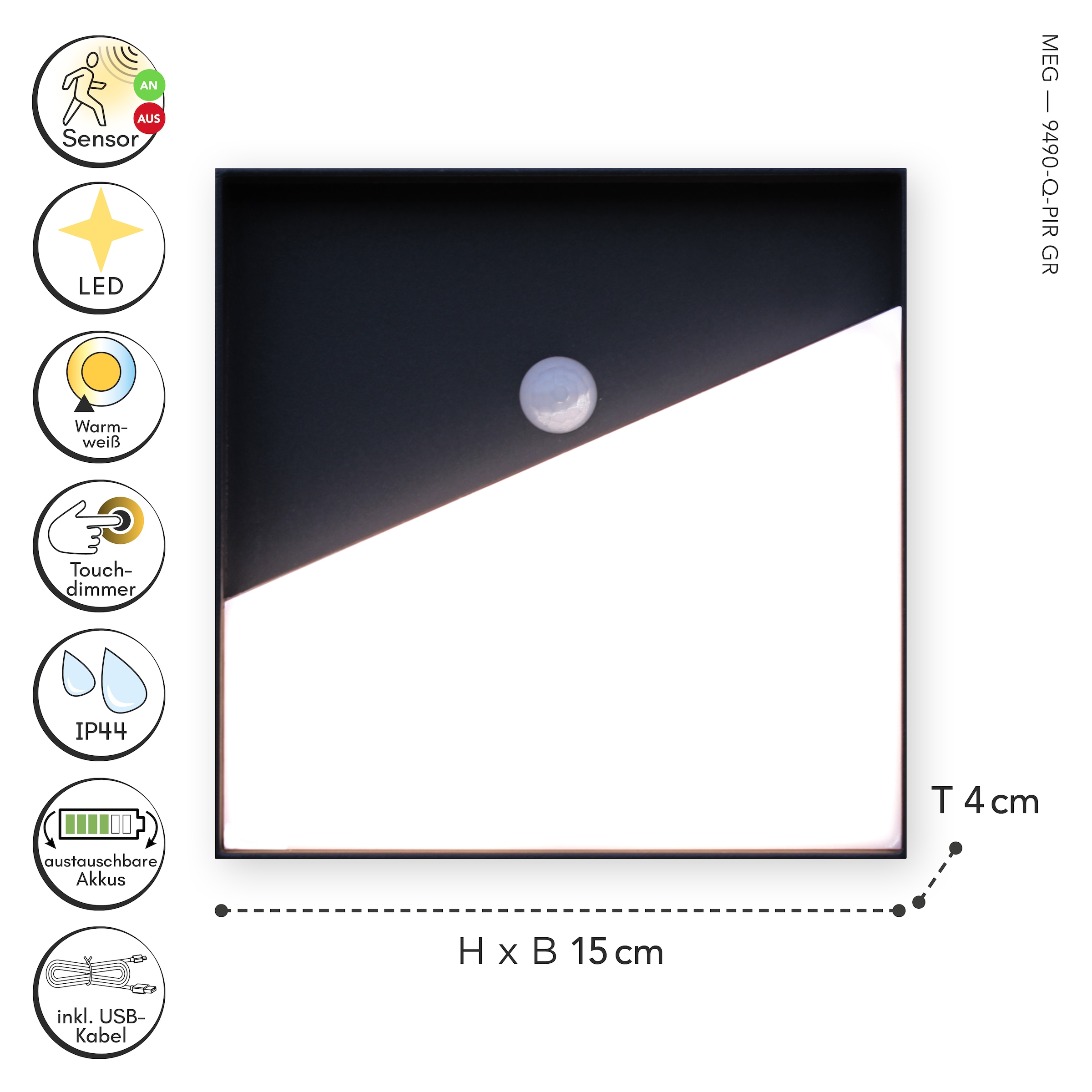 ECO-LIGHT LED Außen-Wandleuchte »LED-Wandleuchte MEG + PIR«, 1 flammig, Leuchtmittel LED-Board | LED fest integriert, Akku-Licht für Innen & Außen