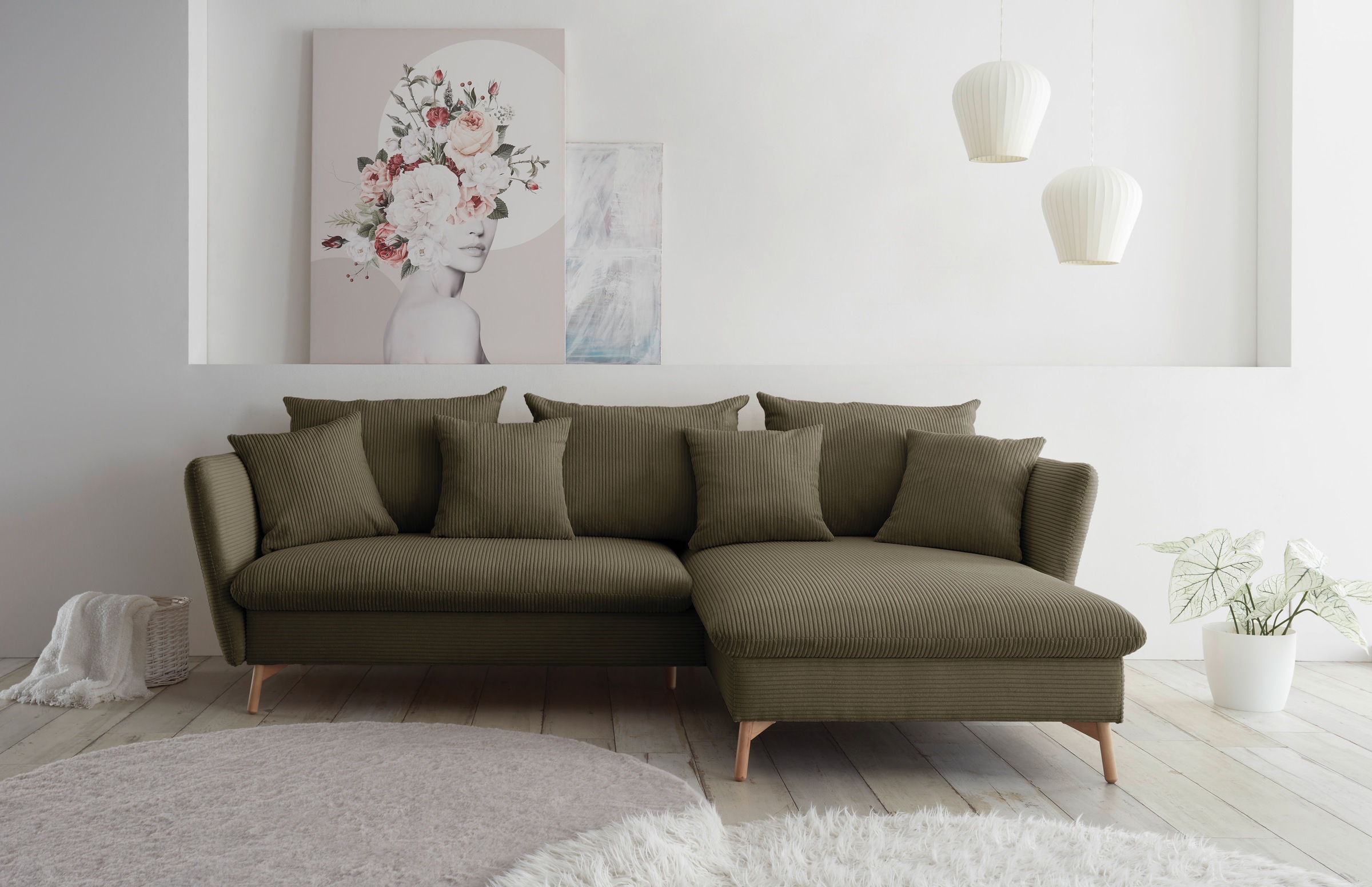 andas Ecksofa »MERLE, 258 cm, L-Form, traumhafter Cord,«, mit Bettfunktion und Bettkasten, Liegefläche 224 x 139