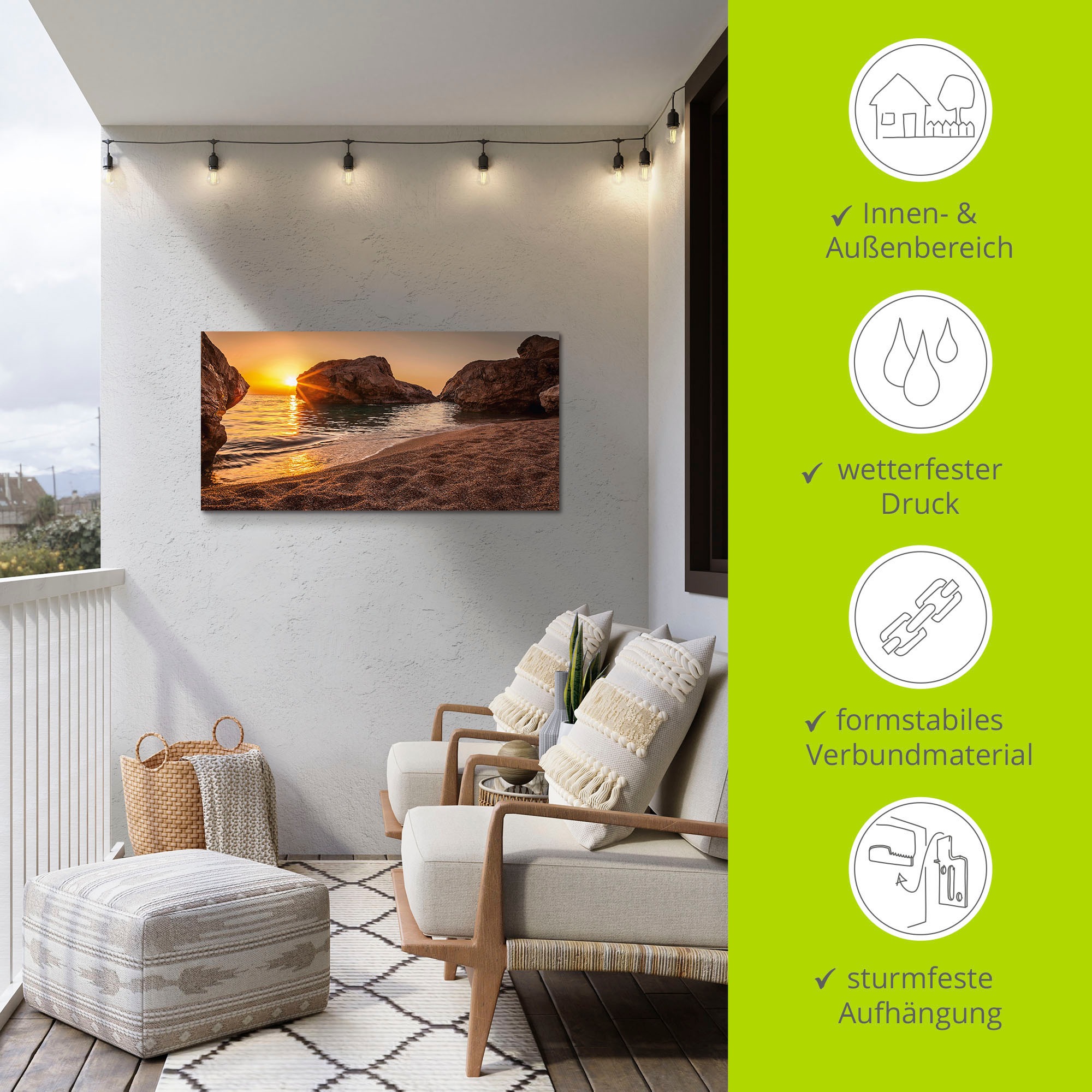 Artland Wandbild »Sonnenuntergang und Strand«, Strand, (1 St.), als Alubild, Outdoorbild, Leinwandbild, Poster, Wandaufkleber