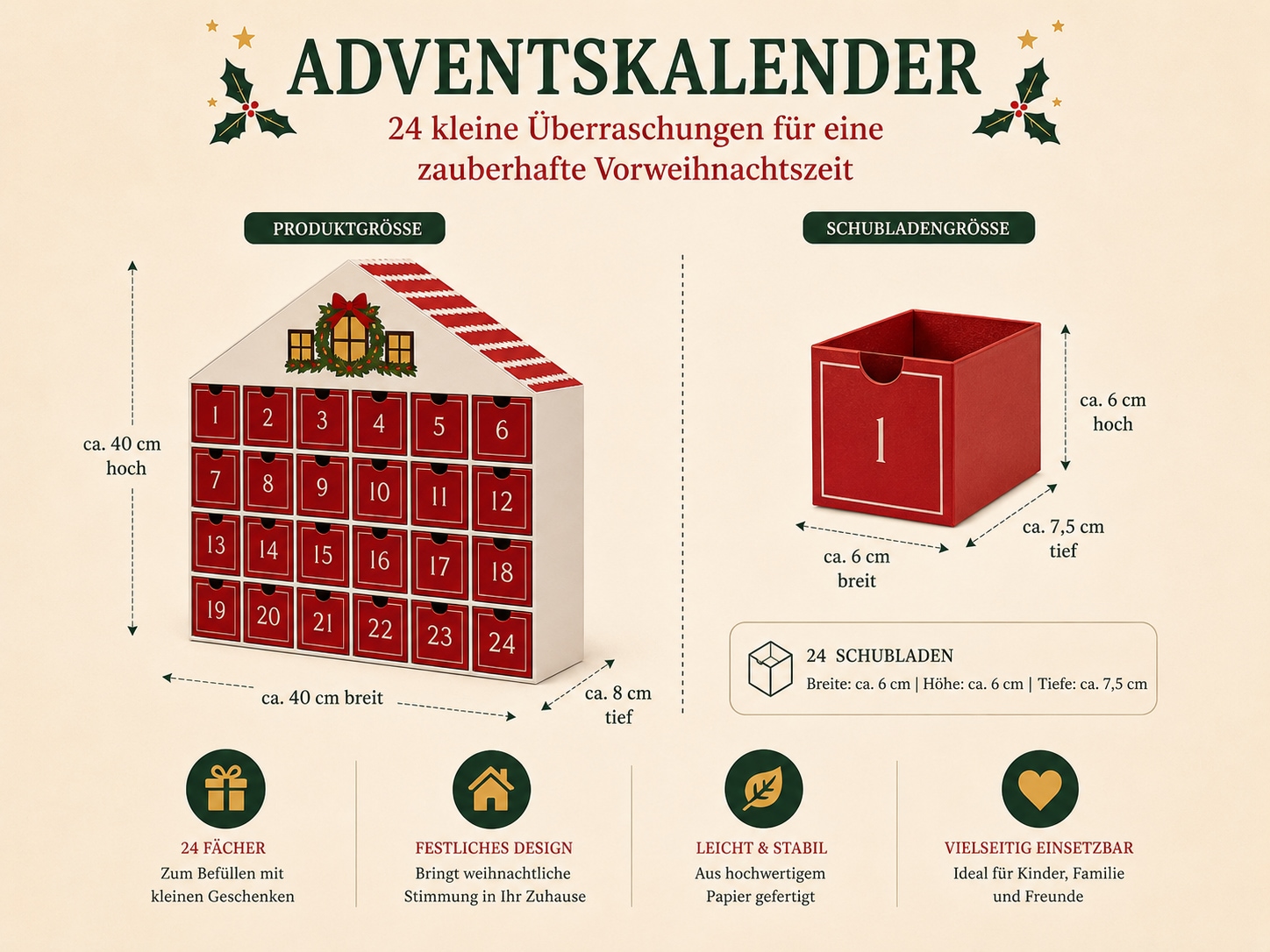 OTTO home Adventskalender »Haus, für die täglichen Überraschungen in der Vorweihnachtszeit« Es liegt keine Altersempfehlung vor aus stabilem Karton, ca.40x40cm, in grün oder rot, mit Schubladen