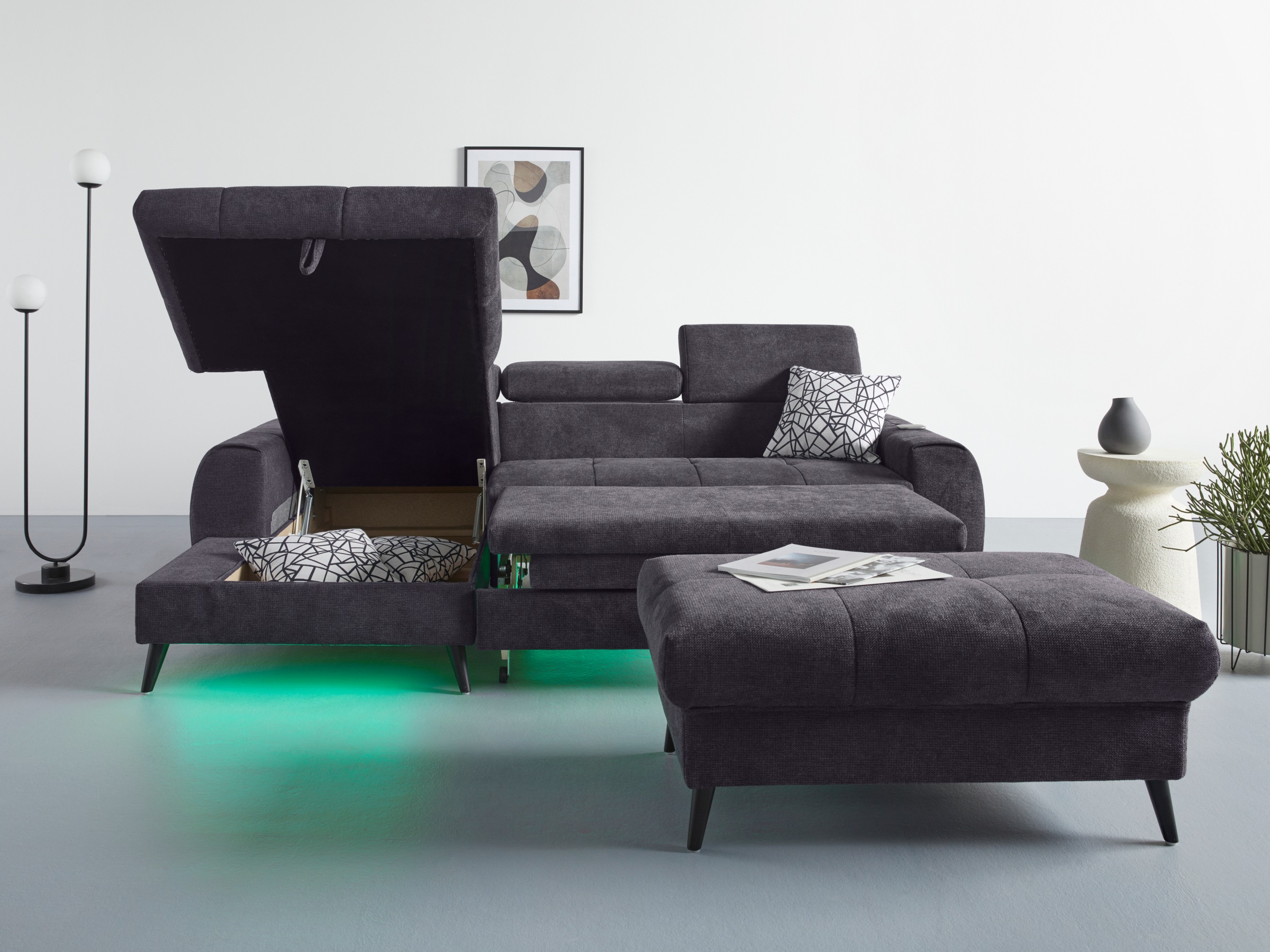 COTTA Ecksofa »Mia L-Form mit 3 Zierkissen«, wahlweise mit Bettfunktion, Bettkasten, Beleuchtung & Wireless-Charger
